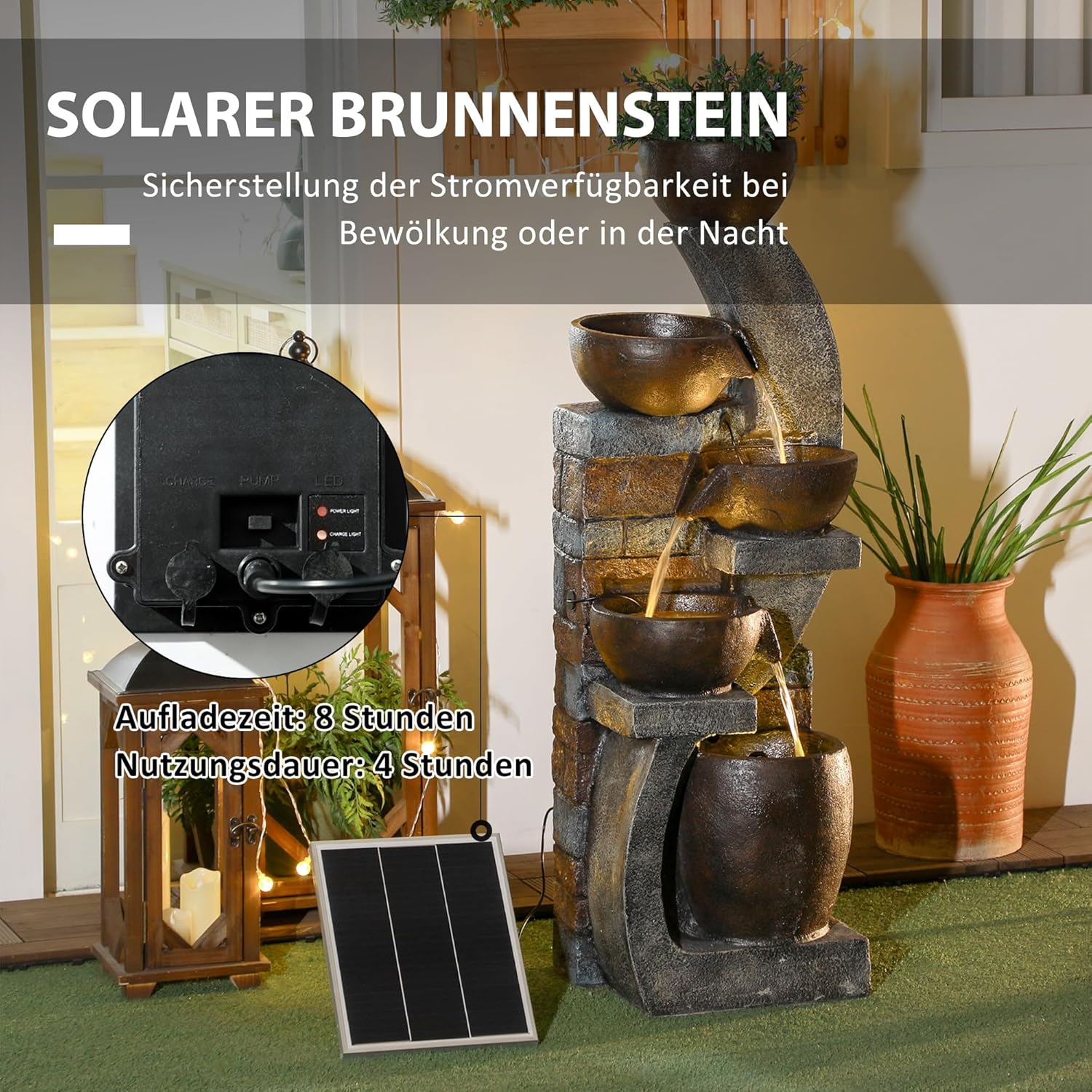 Outsunny Gartenbrunnen, Solar Springbrunnen, Zierbrunnen mit LED-Beleuchtung, 5 Stufen, Wasserbrunnen für Garten, Terrasse, Kunstharz, 37 x 35 x 107 cm — Ansicht 4