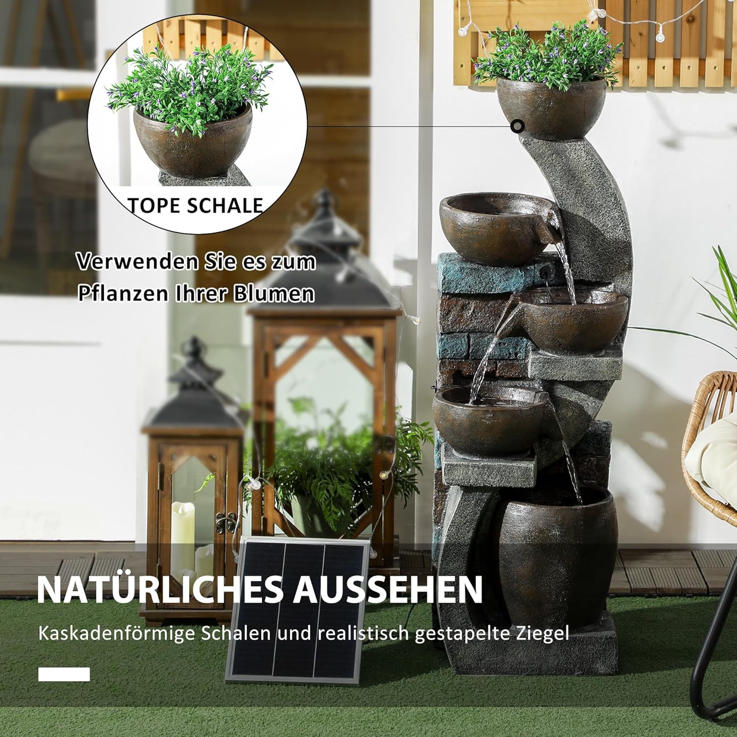 Outsunny Gartenbrunnen, Solar Springbrunnen, Zierbrunnen mit LED-Beleuchtung, 5 Stufen, Wasserbrunnen für Garten, Terrasse, Kunstharz, 37 x 35 x 107 cm — Ansicht 5