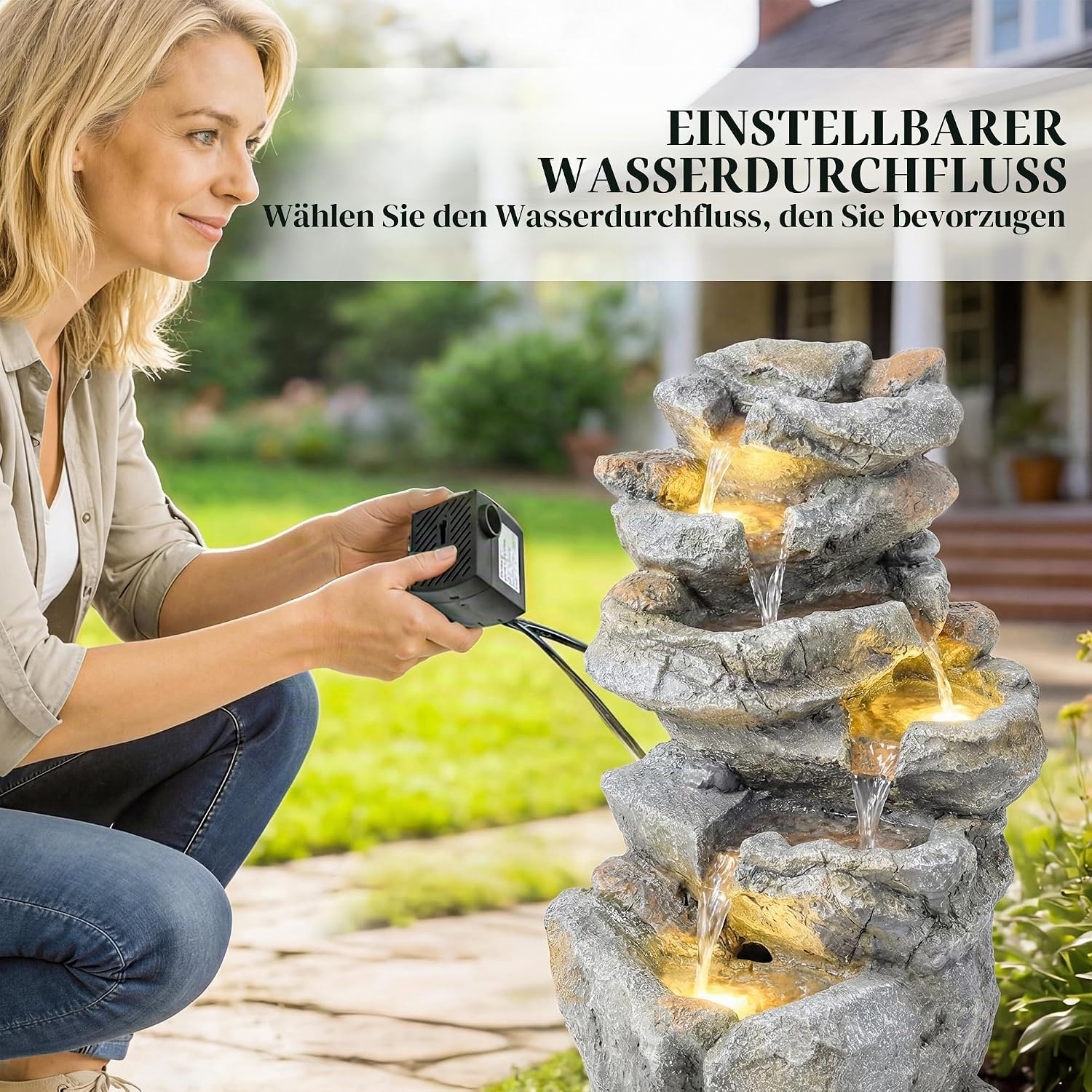 Outsunny Gartenbrunnen Wasserfall 6 Stufen – Zen-Gartendekoration Kunstharz Naturstein – 53 cm Wasserfall mit LED-Beleuchtung für Terrasse, Balkon und Außenbereich, grau — Ansicht 5