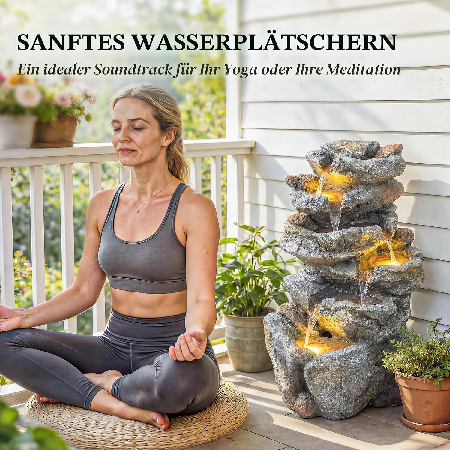 Outsunny Gartenbrunnen Wasserfall 6 Stufen – Zen-Gartendekoration Kunstharz Naturstein – 53 cm Wasserfall mit LED-Beleuchtung für Terrasse, Balkon und Außenbereich, grau — Ansicht 6