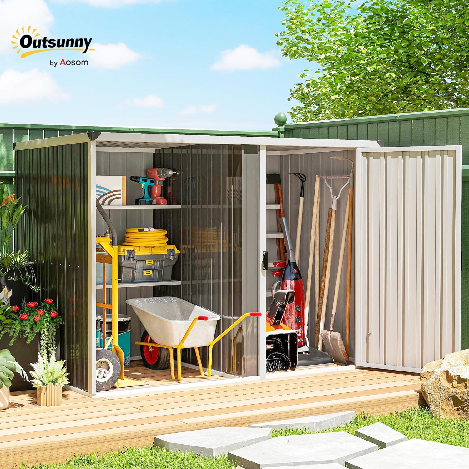 Outsunny Gartenhaus 2,7 m2 aus verzinktem Stahl, geteiltes Layout mit 2 Regalböden, Gartenhaus mit abschließbarer Tür, Schlüssel, geneigtes Dach, Handschuhe, dunkelgrau — Ansicht 2