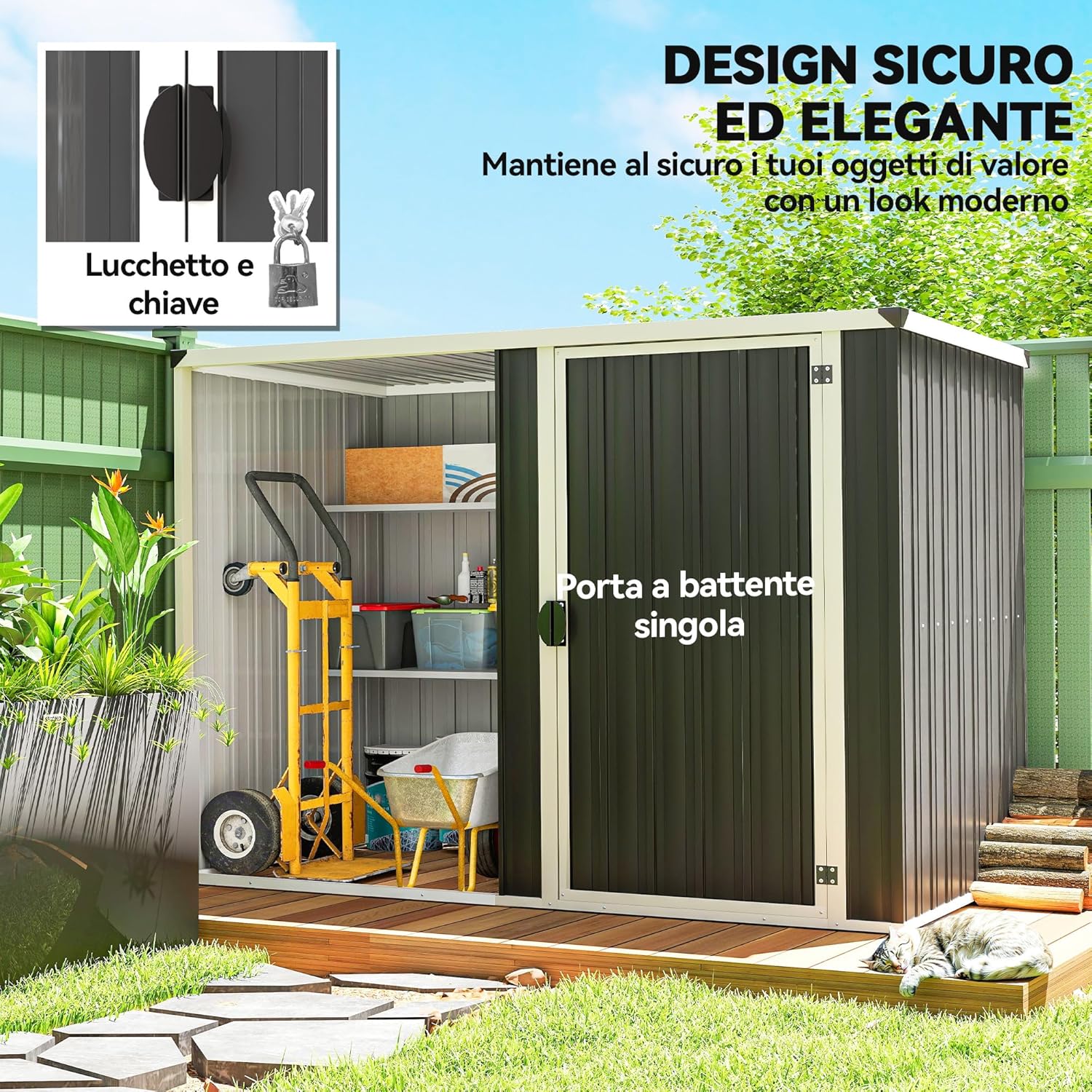Outsunny Gartenhaus 2,7 m2 aus verzinktem Stahl, geteiltes Layout mit 2 Regalböden, Gartenhaus mit abschließbarer Tür, Schlüssel, geneigtes Dach, Handschuhe, dunkelgrau — Ansicht 6