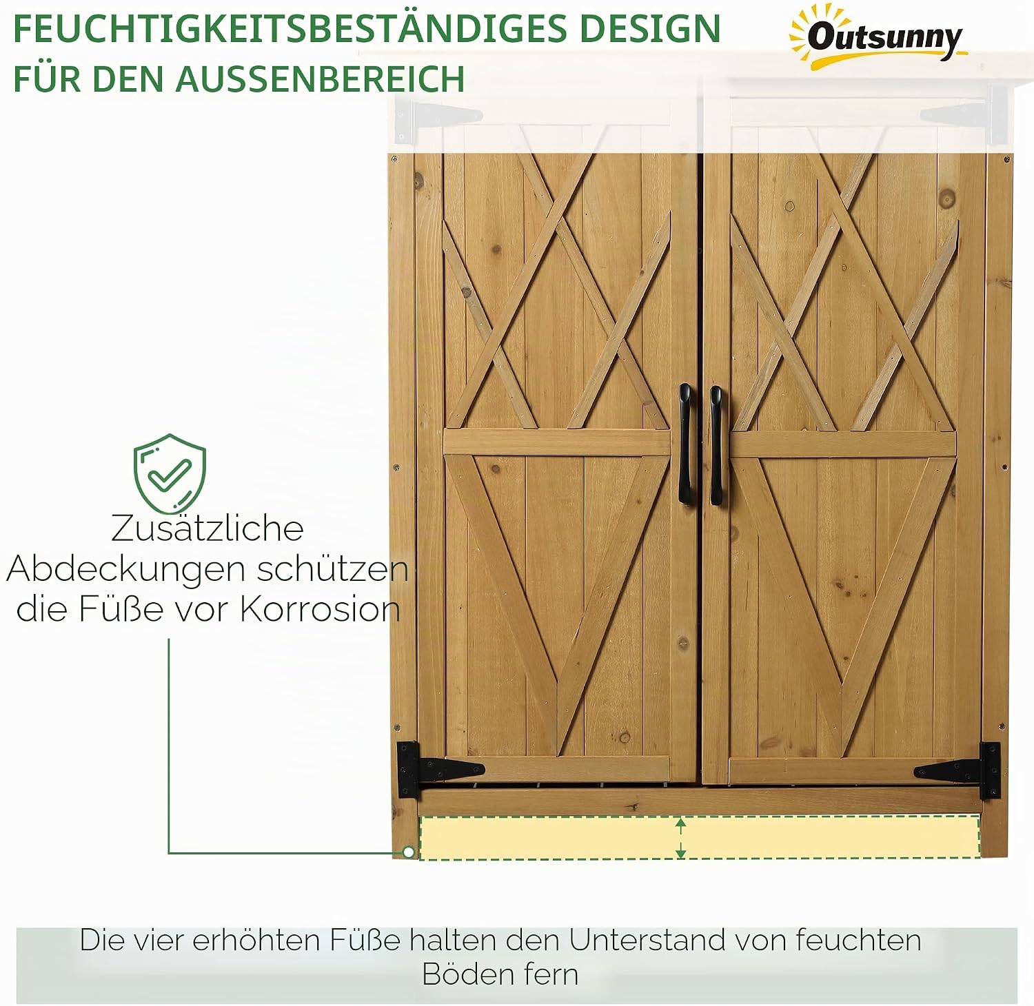 Outsunny Gartenhaus Gartenschrank Outdoor auf Ständer ABM. 75L x 40l x 90H cm 3 Regale 2 Türen wasserdichtes Bitumendach Holz Tanne gelb — Ansicht 5