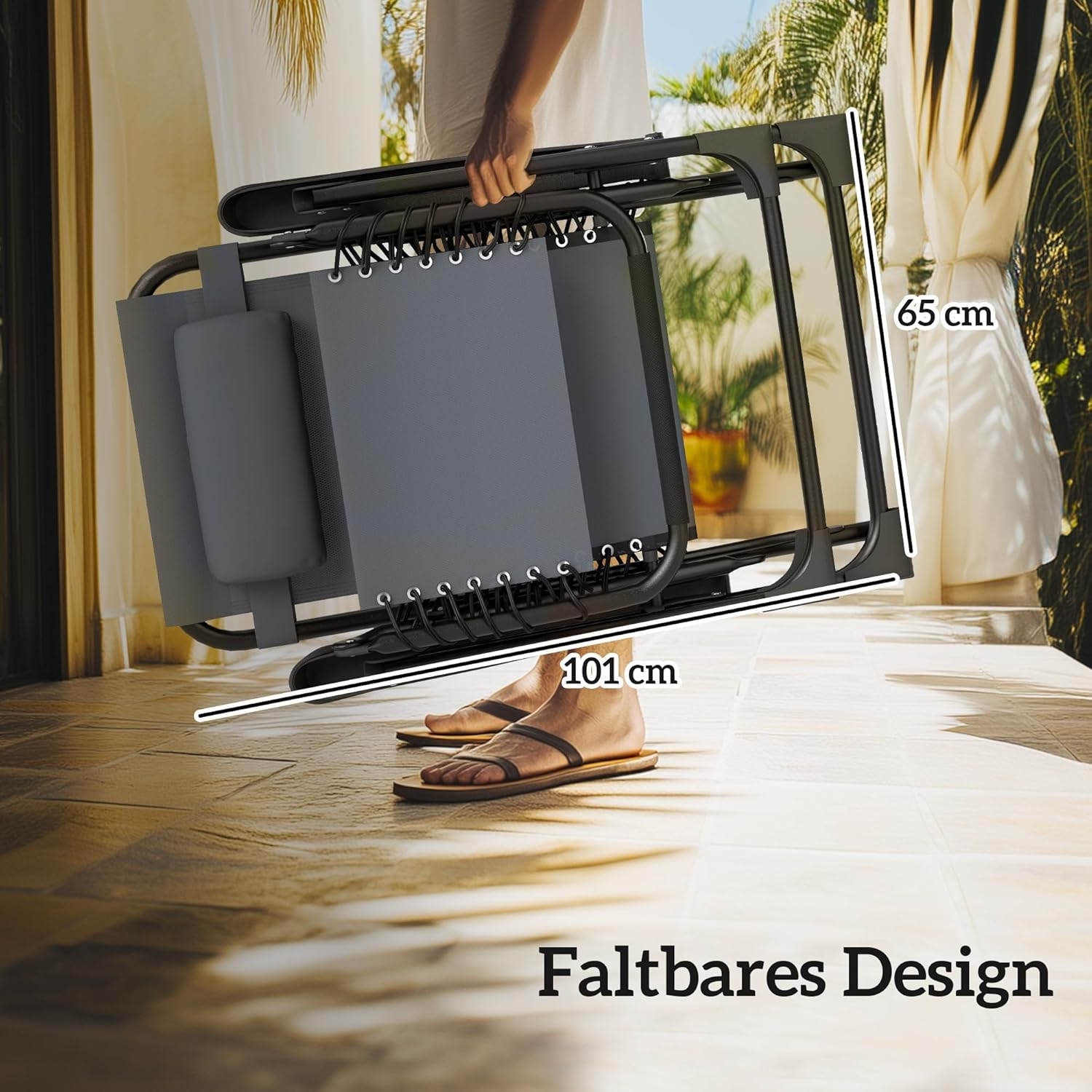 Outsunny Gartenliege Set 3-TLG. Klappbar Sonnenliege mit Teetisch 2 Stühle Kopfkissen, Outdoor Liege wetterfest Relaxliege Liegestuhl aus Metall Strandliege für Garten, Terrasse 90x65x110 cm Grau — Ansicht 6