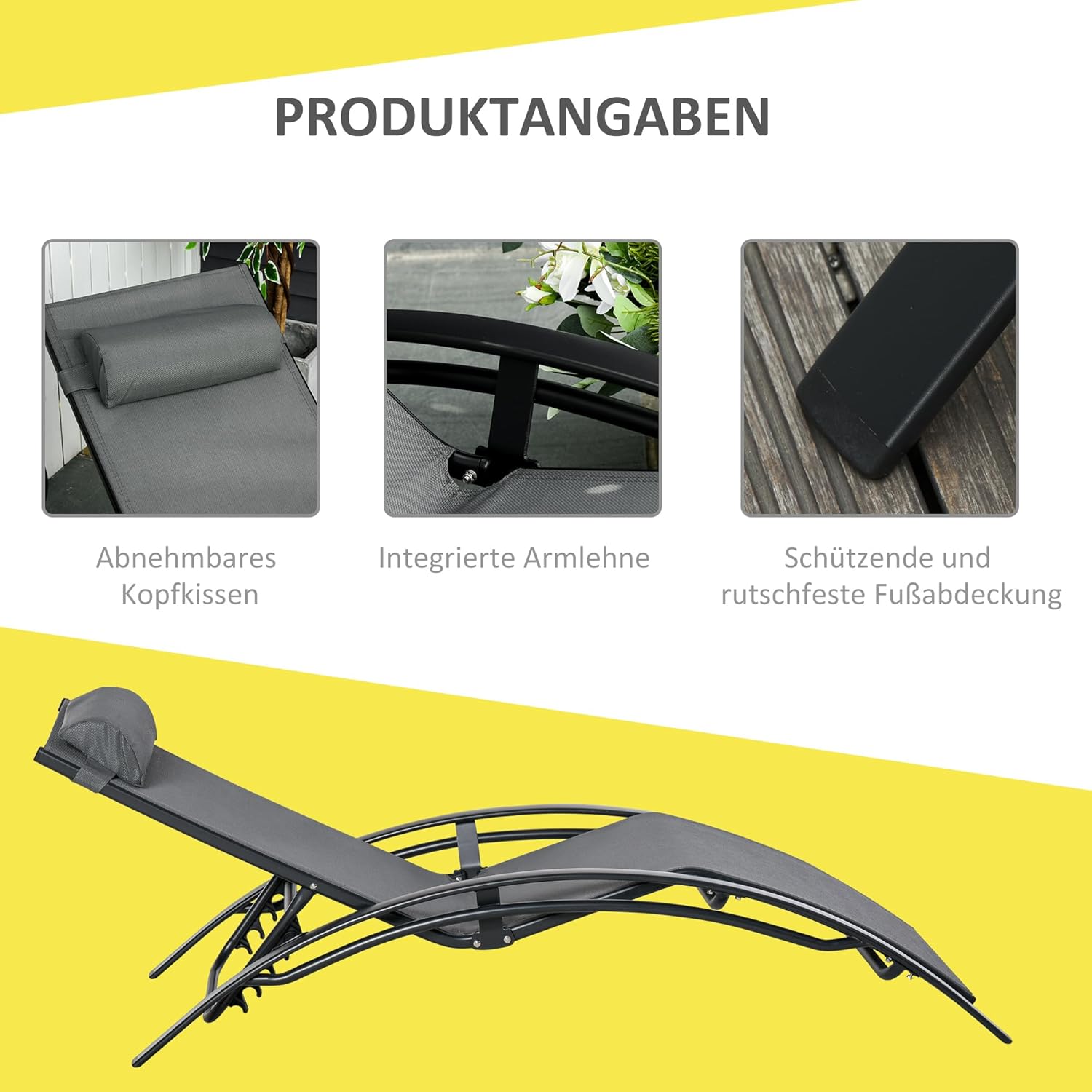Outsunny Gartenliege verstellbare Sonnenliege Liegestuhl mit Kopfkissen für Balkon, Terrasse, aus Alu, Grau, 171 x 64 x 82 cm — Ansicht 5