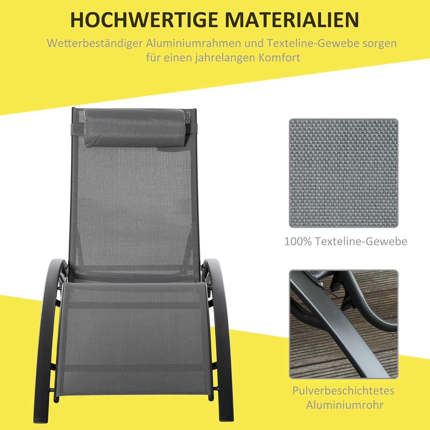 Outsunny Gartenliege verstellbare Sonnenliege Liegestuhl mit Kopfkissen für Balkon, Terrasse, aus Alu, Grau, 171 x 64 x 82 cm — Ansicht 6