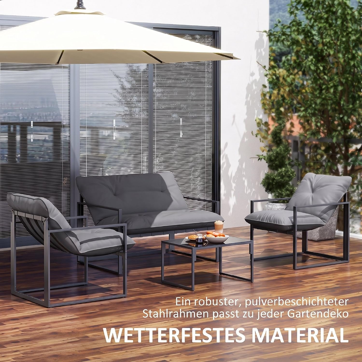 Outsunny Gartenmöbel Set 4 Personen Stahl wetterfest Balkonmöbel-Set mit 2er Sofa, Sessel Glastisch Sitzkissen Outdoor Sitzgruppe Terrassenmöbel Gartengarnitur für Garten Terrasse Balkon Grau+Schwarz — Ansicht 5