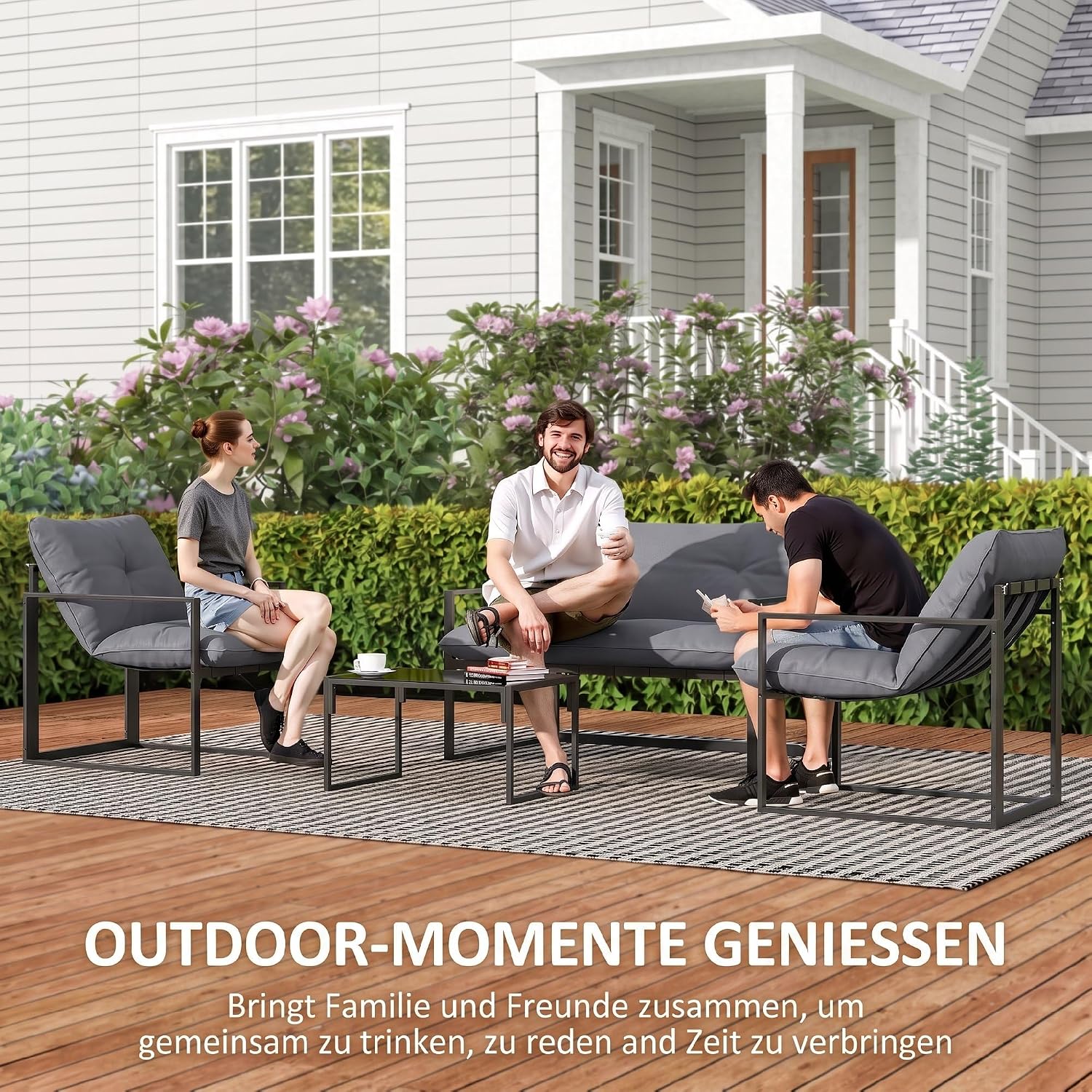 Outsunny Gartenmöbel Set 4 Personen Stahl wetterfest Balkonmöbel-Set mit 2er Sofa, Sessel Glastisch Sitzkissen Outdoor Sitzgruppe Terrassenmöbel Gartengarnitur für Garten Terrasse Balkon Grau+Schwarz — Ansicht 6