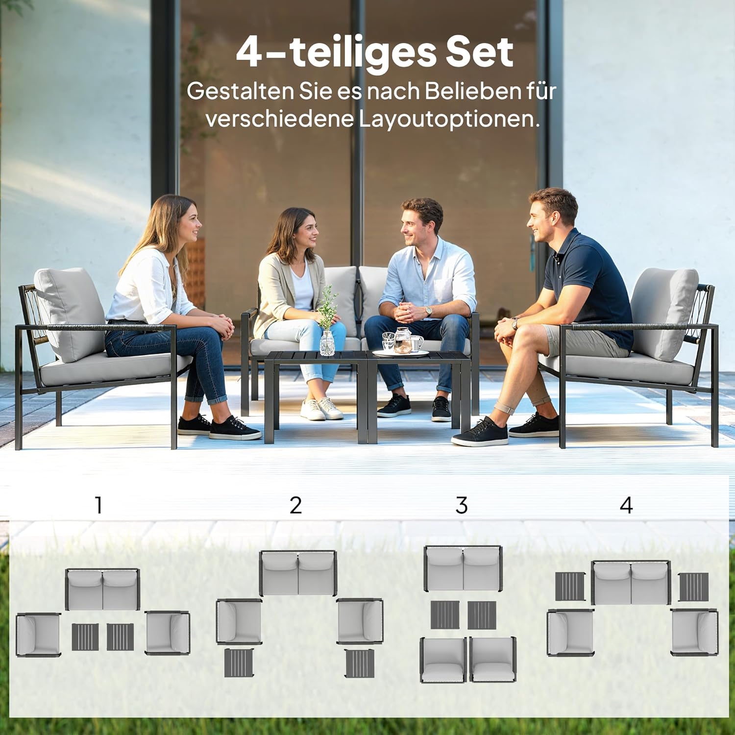Outsunny Gartenmöbel Set 4 Personen wetterfest Balkonmöbel-Set mit 2er Sofa, Sessel Sitzkissen Beistelltisch Outdoor Sitzgruppe Terrassenmöbel Gartengarnitur für Garten Terrasse Balkon Hellgrau — Ansicht 3