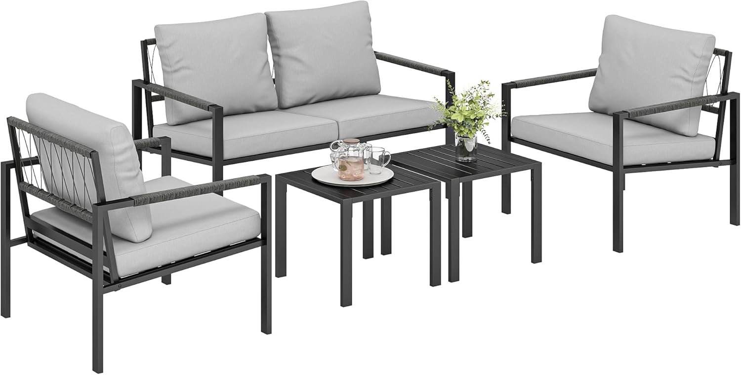 Outsunny Gartenmöbel Set 4 Personen wetterfest Balkonmöbel-Set mit 2er Sofa, Sessel Sitzkissen Beistelltisch Outdoor Sitzgruppe Terrassenmöbel Gartengarnitur für Garten Terrasse Balkon Hellgrau