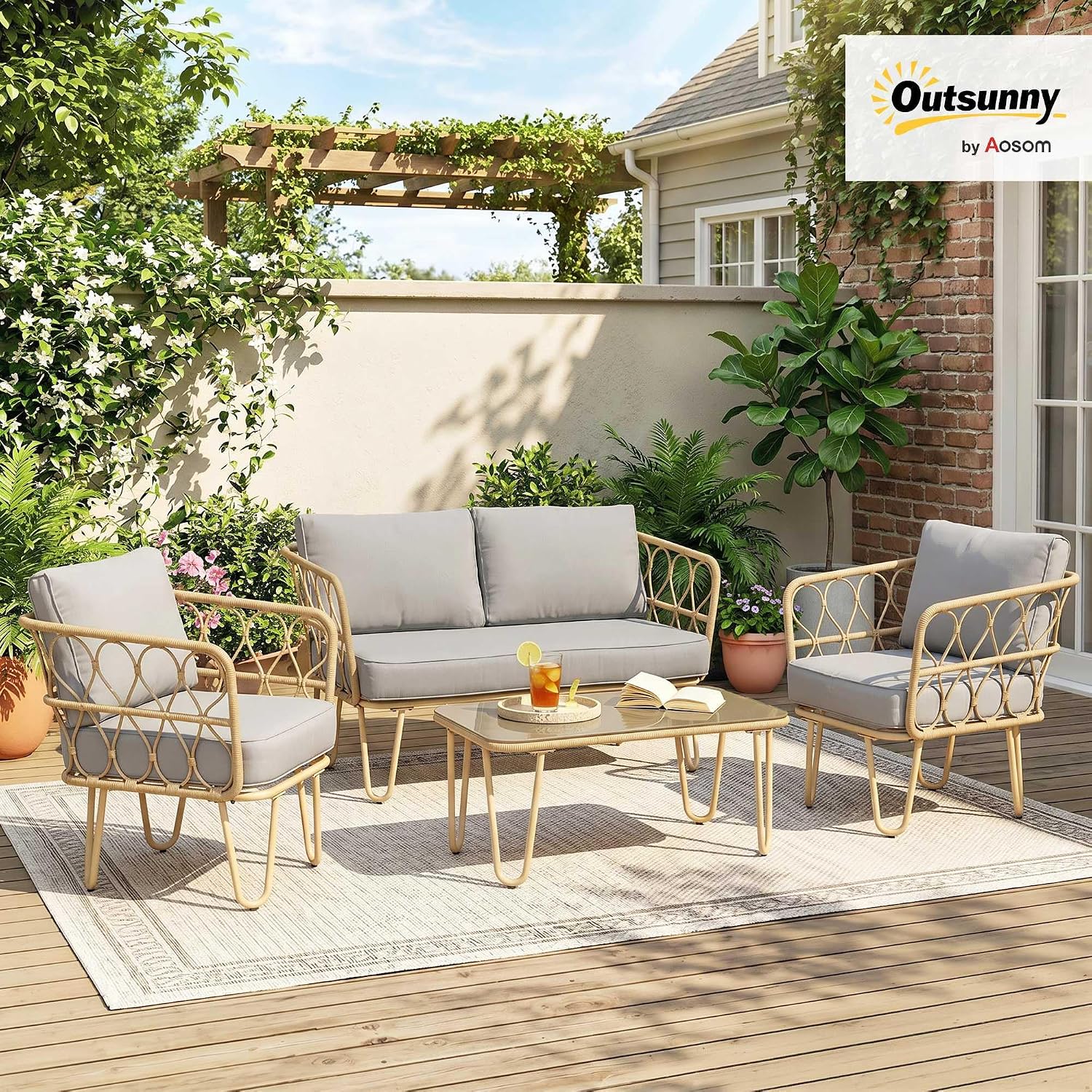 Outsunny Gartenmöbel-Set, 4-teilig, 2-Sitzer-Sofa + 2 Sessel + 1 Couchtisch, Hartglas, 7 Kissen, Metall und Polyrattan – Beige — Ansicht 2