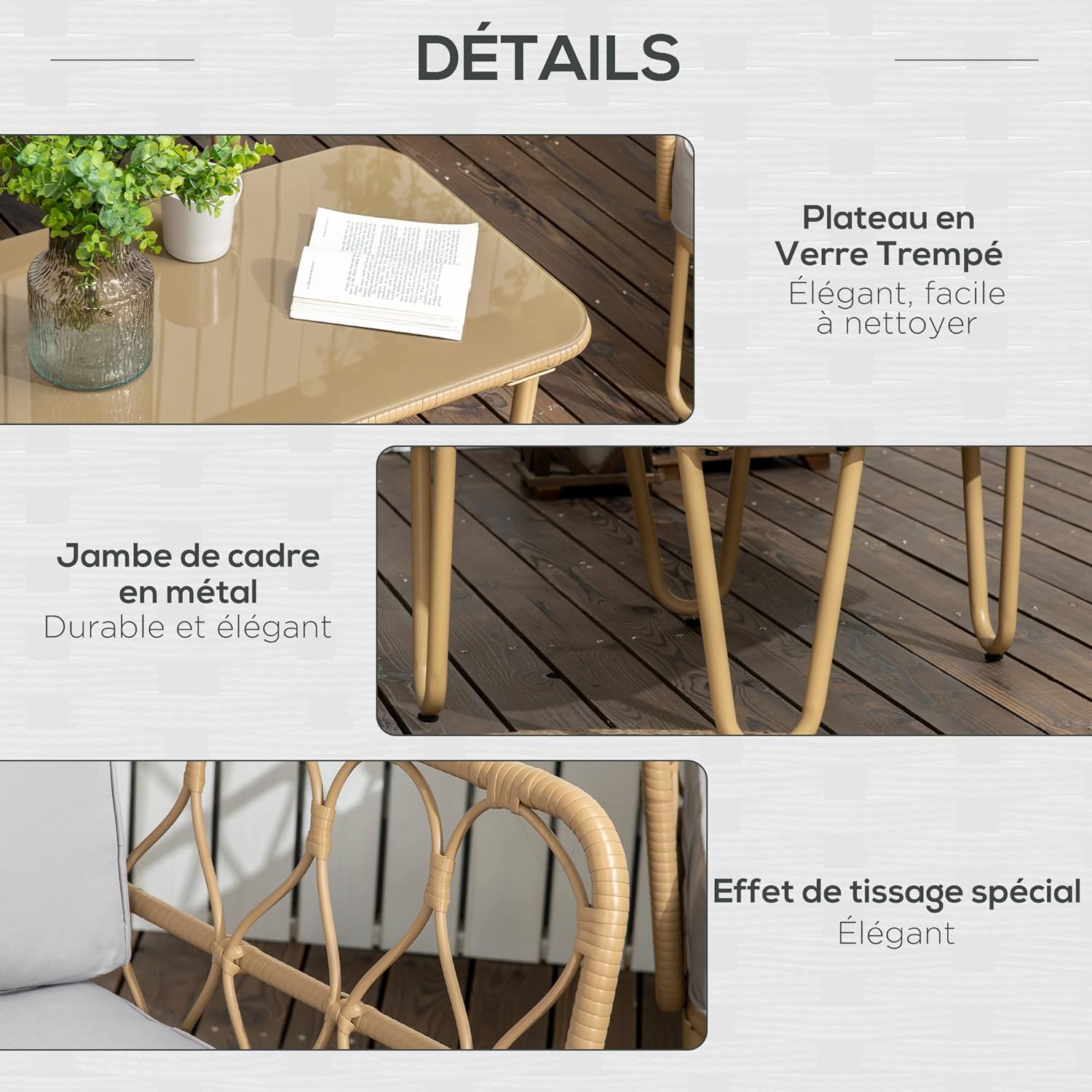 Outsunny Gartenmöbel-Set, 4-teilig, 2-Sitzer-Sofa + 2 Sessel + 1 Couchtisch, Hartglas, 7 Kissen, Metall und Polyrattan – Beige — Ansicht 5
