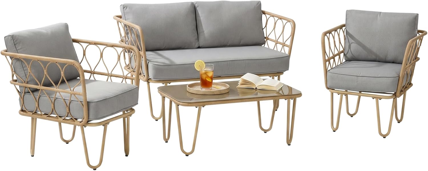 Outsunny Gartenmöbel-Set, 4-teilig, 2-Sitzer-Sofa + 2 Sessel + 1 Couchtisch, Hartglas, 7 Kissen, Metall und Polyrattan – Beige