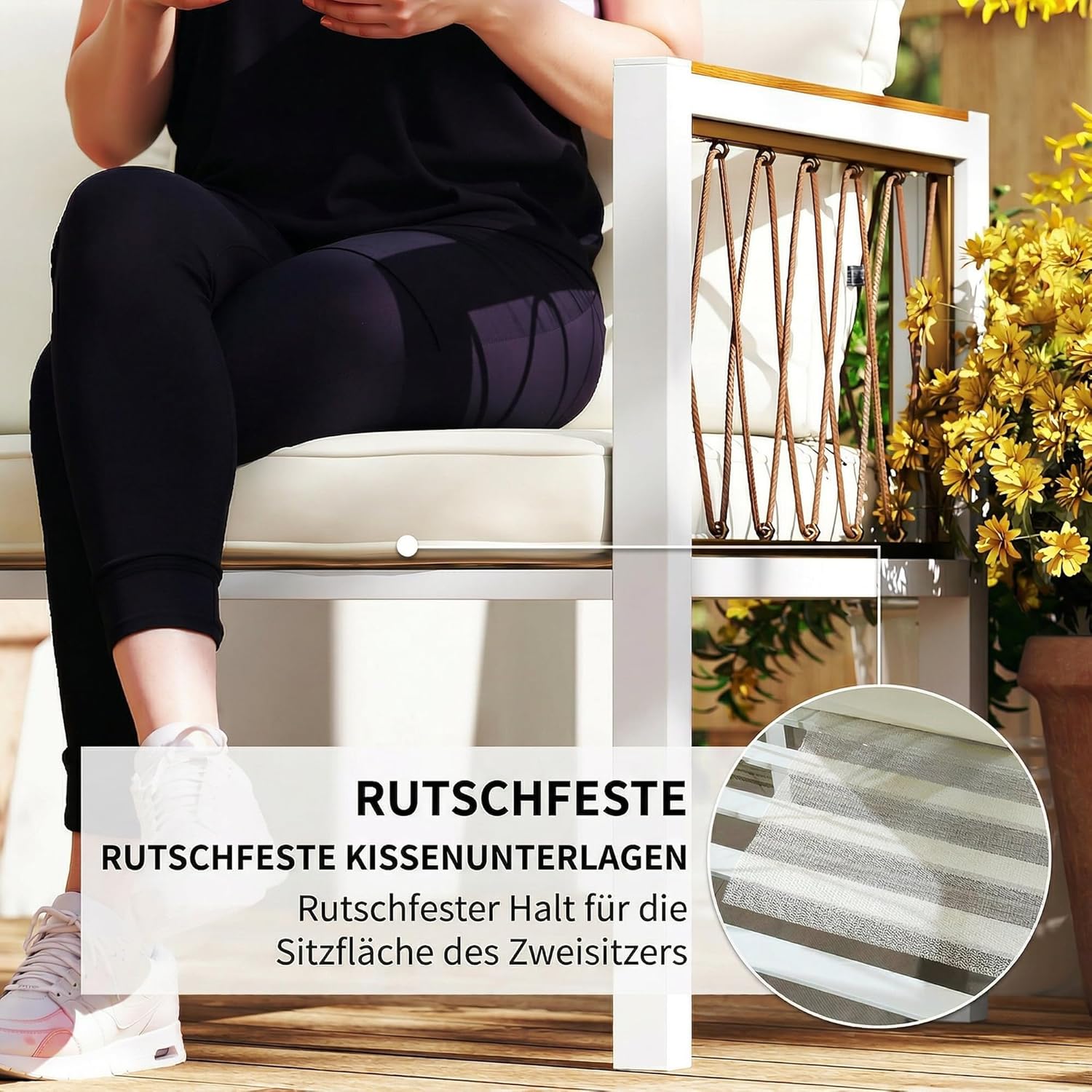 Outsunny Gartenmöbel Set 4-teilig Polyrattan Lounge-Set mit Zweisitzer 2 Sessel Glastisch abnehmbar Kissen rutschfesten Matte, Balkonmöbel für 4 Personen Sitzgruppe für Garten Balkon Cremeweiß — Ansicht 5