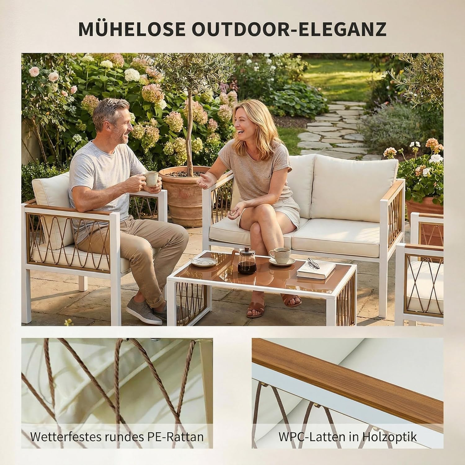 Outsunny Gartenmöbel Set 4-teilig Polyrattan Lounge-Set mit Zweisitzer 2 Sessel Glastisch abnehmbar Kissen rutschfesten Matte, Balkonmöbel für 4 Personen Sitzgruppe für Garten Balkon Cremeweiß — Ansicht 6