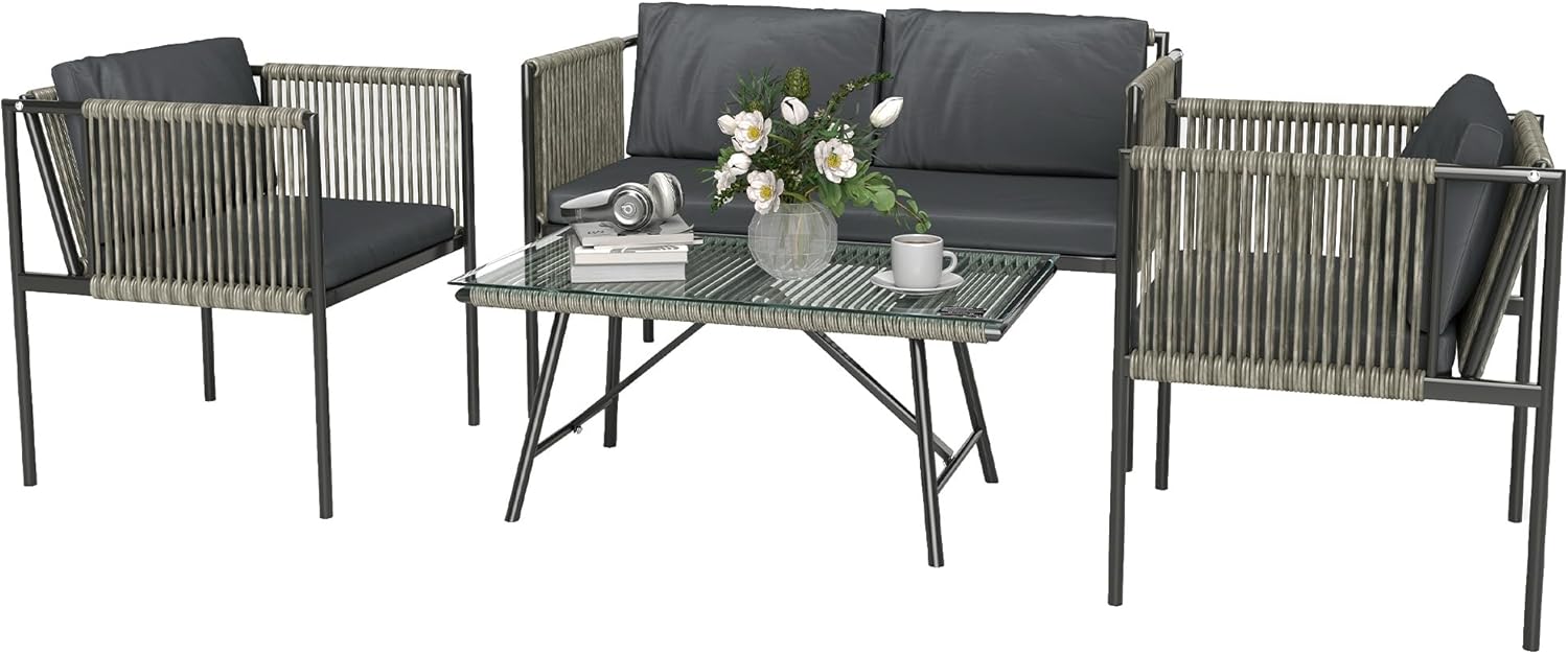 Outsunny Gartenmöbel Set aus Polyrattan Lounge-Set mit 2er Sofa Sessel Glastisch Kissen wetterfest Balkonmöbel für 4 Personen Outdoor Sitzgruppe Terrassenmöbel für Garten Balkon Grau