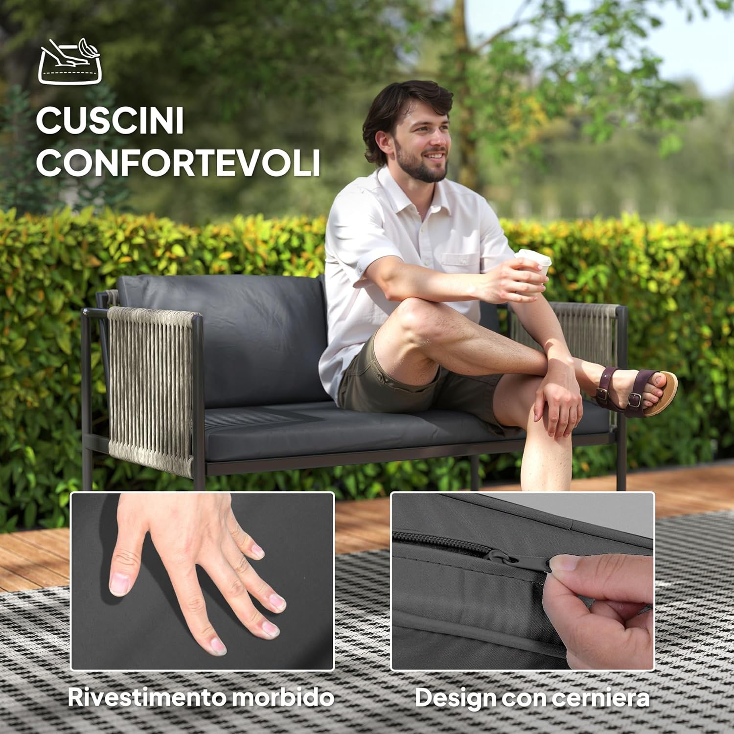 Outsunny Gartenmöbel Set aus Polyrattan Lounge-Set mit 2er Sofa Sessel Glastisch Kissen wetterfest Balkonmöbel für 4 Personen Outdoor Sitzgruppe Terrassenmöbel für Garten Balkon Grau — Ansicht 5