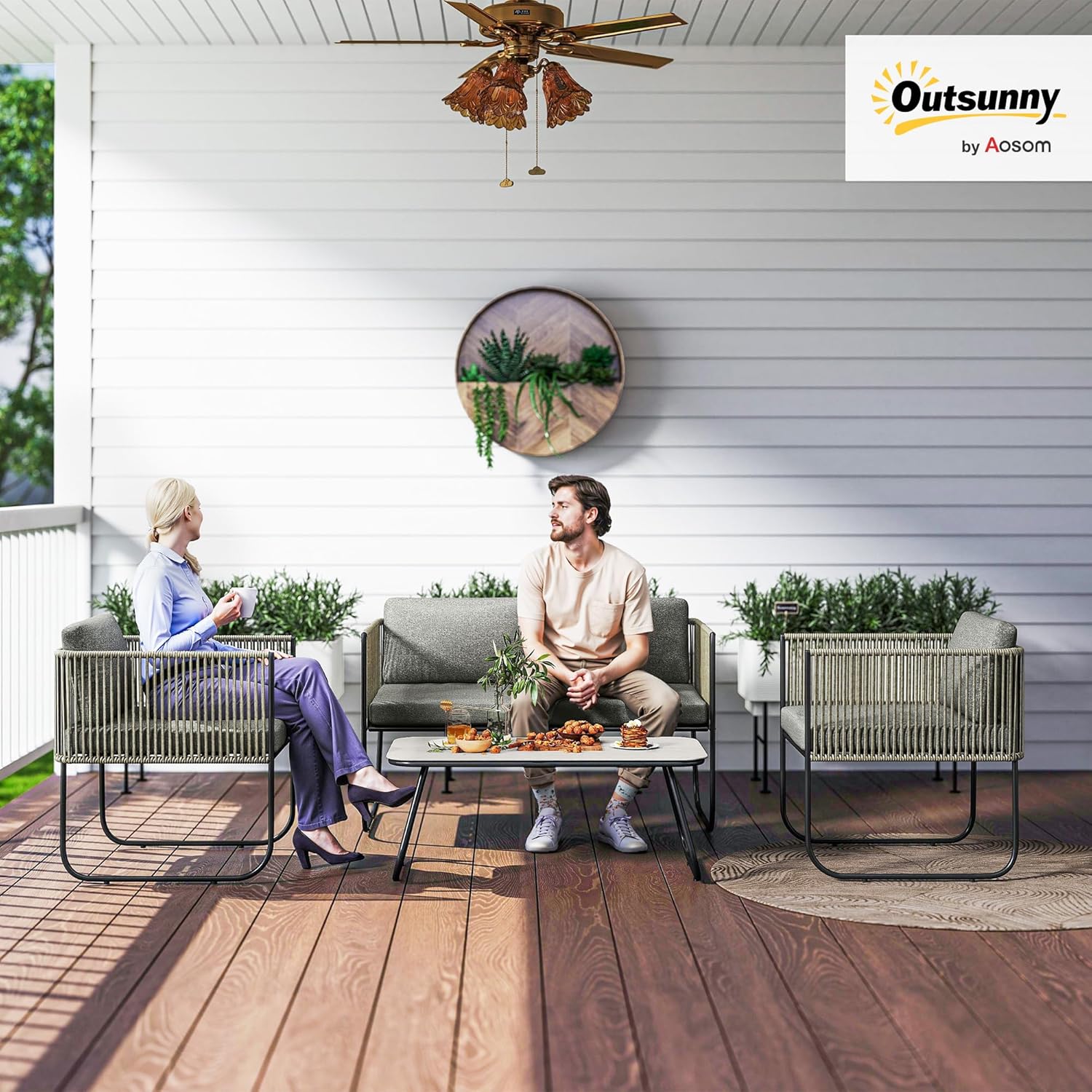 Outsunny Gartenmöbel Set aus Polyrattan Terrassenmöbel mit Sessel Sofa wetterfest Lounge-Set mit Tisch Kissen Gartenlounge für 4 Personen Sitzgruppe Balkonmöbel Set für Balkon Garten Braun+Dunkelgrau — Ansicht 2