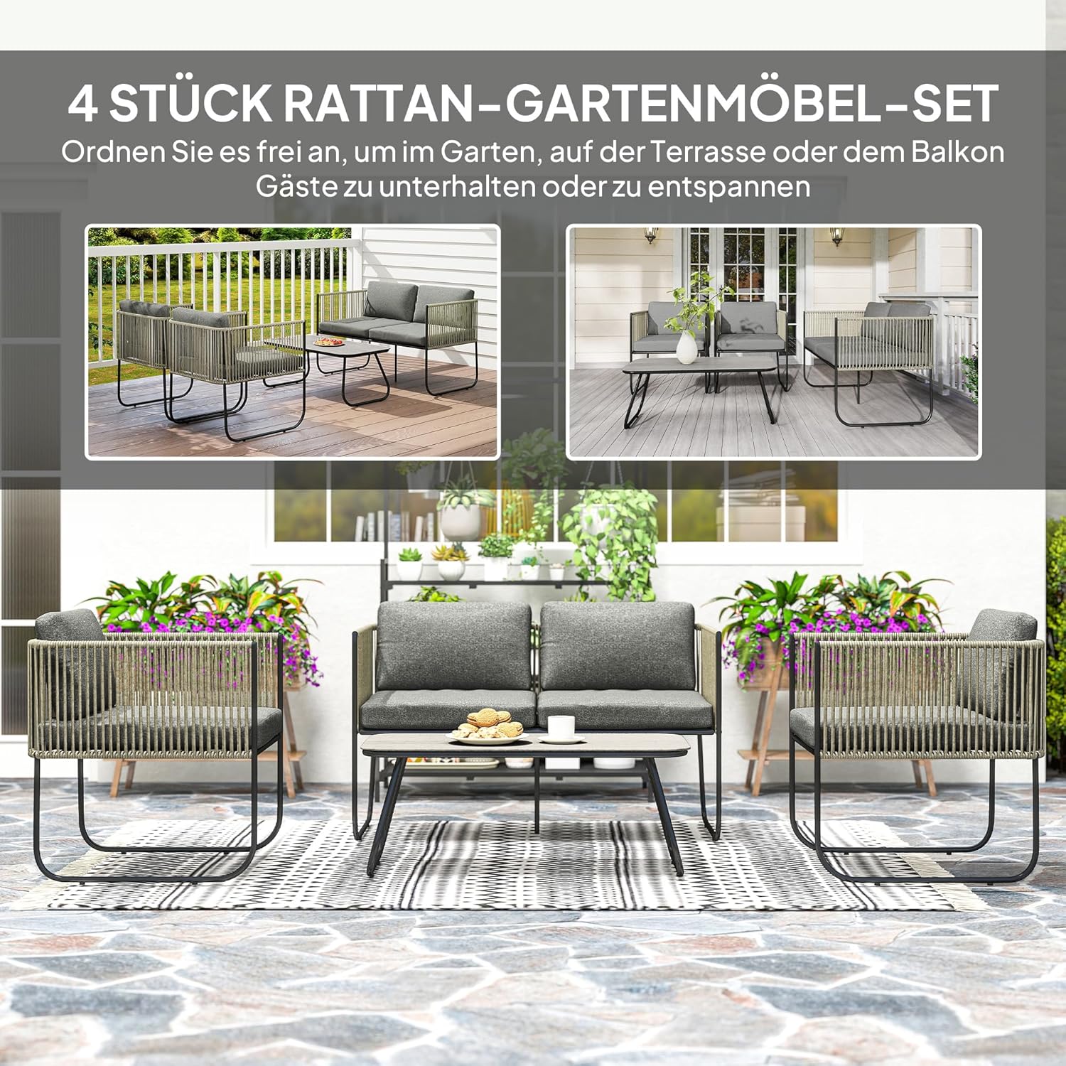 Outsunny Gartenmöbel Set aus Polyrattan Terrassenmöbel mit Sessel Sofa wetterfest Lounge-Set mit Tisch Kissen Gartenlounge für 4 Personen Sitzgruppe Balkonmöbel Set für Balkon Garten Braun+Dunkelgrau — Ansicht 3