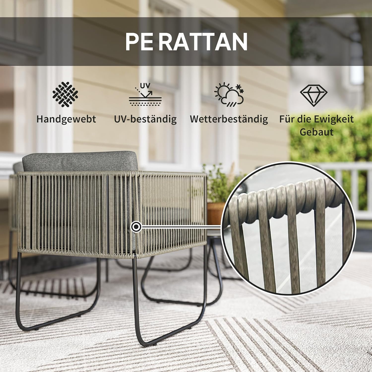 Outsunny Gartenmöbel Set aus Polyrattan Terrassenmöbel mit Sessel Sofa wetterfest Lounge-Set mit Tisch Kissen Gartenlounge für 4 Personen Sitzgruppe Balkonmöbel Set für Balkon Garten Braun+Dunkelgrau — Ansicht 4