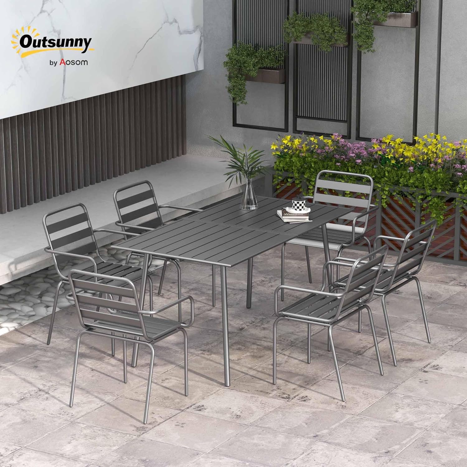 Outsunny Gartenmöbel-Set für den Außenbereich, 7-teilig, mit 1 Tisch und 6 stapelbaren Stühlen, aus Stahl, Dunkelgrau — Ansicht 2