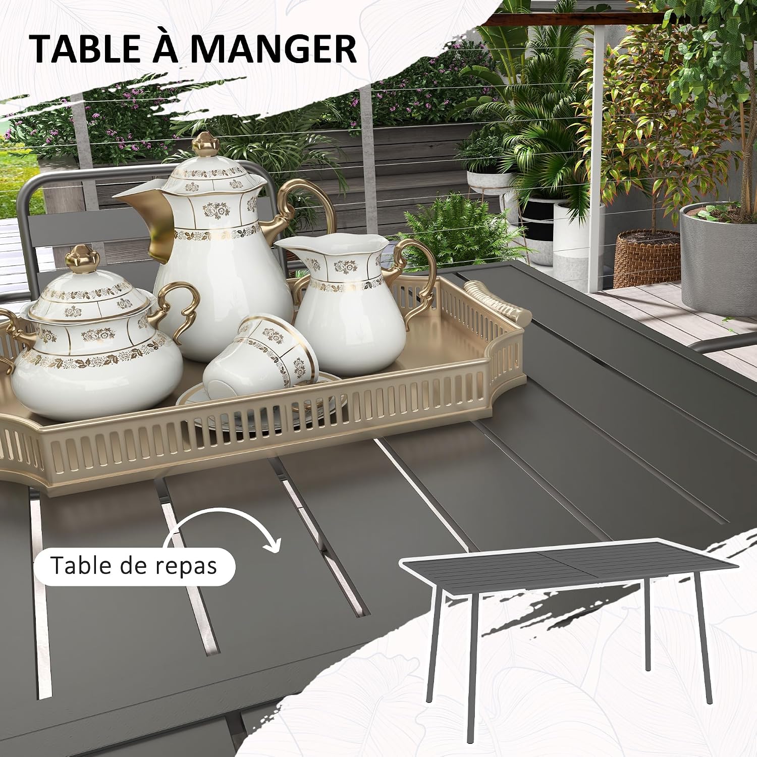 Outsunny Gartenmöbel-Set für den Außenbereich, 7-teilig, mit 1 Tisch und 6 stapelbaren Stühlen, aus Stahl, Dunkelgrau — Ansicht 4