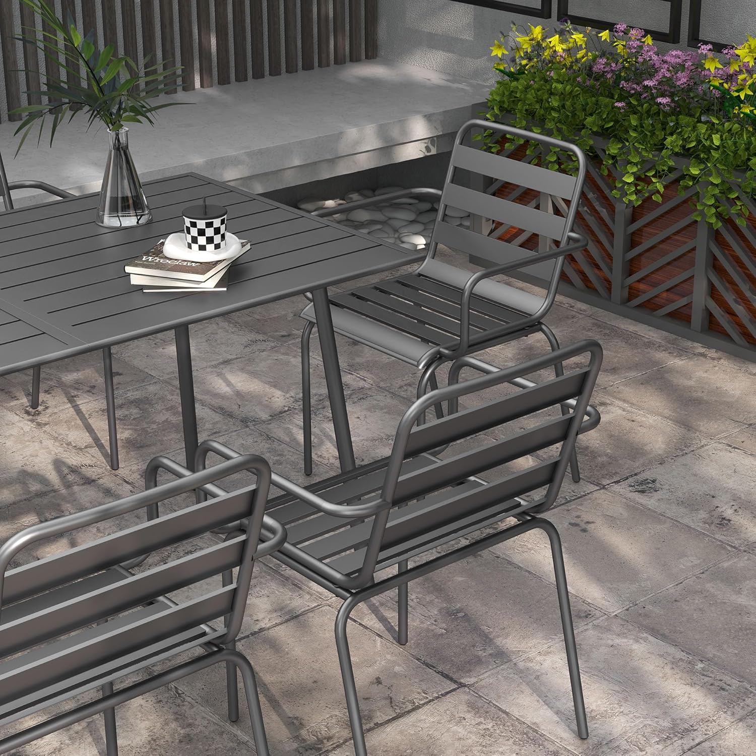 Outsunny Gartenmöbel-Set für den Außenbereich, 7-teilig, mit 1 Tisch und 6 stapelbaren Stühlen, aus Stahl, Dunkelgrau — Ansicht 6