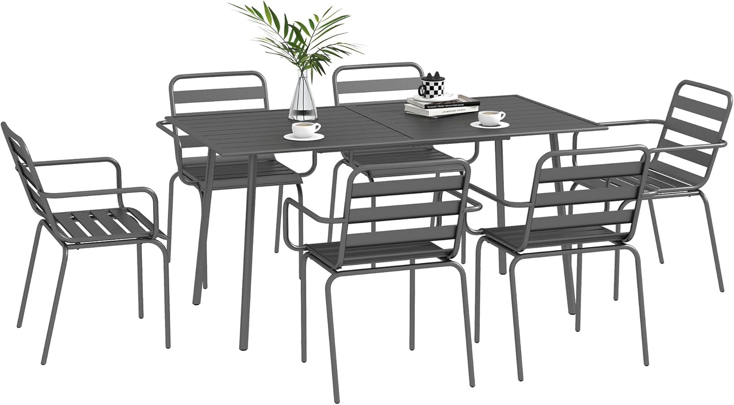 Outsunny Gartenmöbel-Set für den Außenbereich, 7-teilig, mit 1 Tisch und 6 stapelbaren Stühlen, aus Stahl, Dunkelgrau