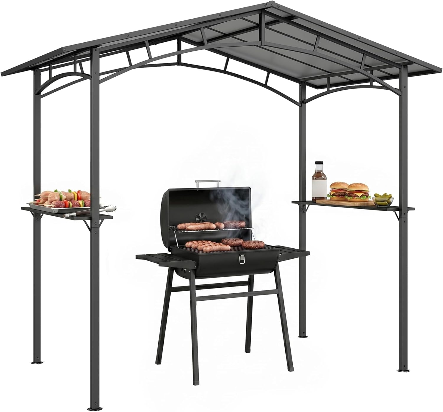 Outsunny Gartenpavillon 2,5 x 1,5 m - Grillhütte - 2 Regale - Grilldach - schwarzes Metall Polycarbonatdach