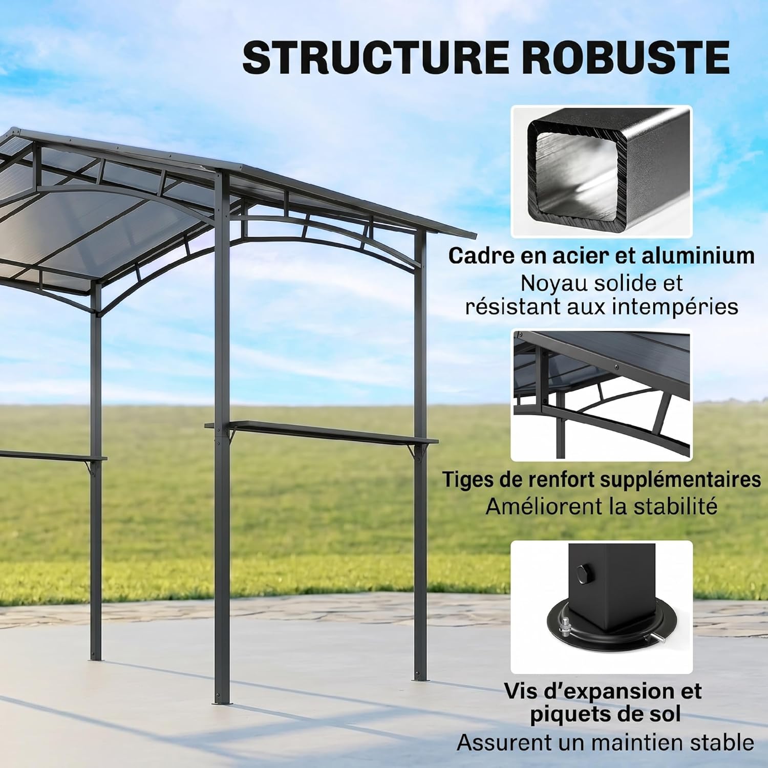Outsunny Gartenpavillon 2,5 x 1,5 m - Grillhütte - 2 Regale - Grilldach - schwarzes Metall Polycarbonatdach — Ansicht 5