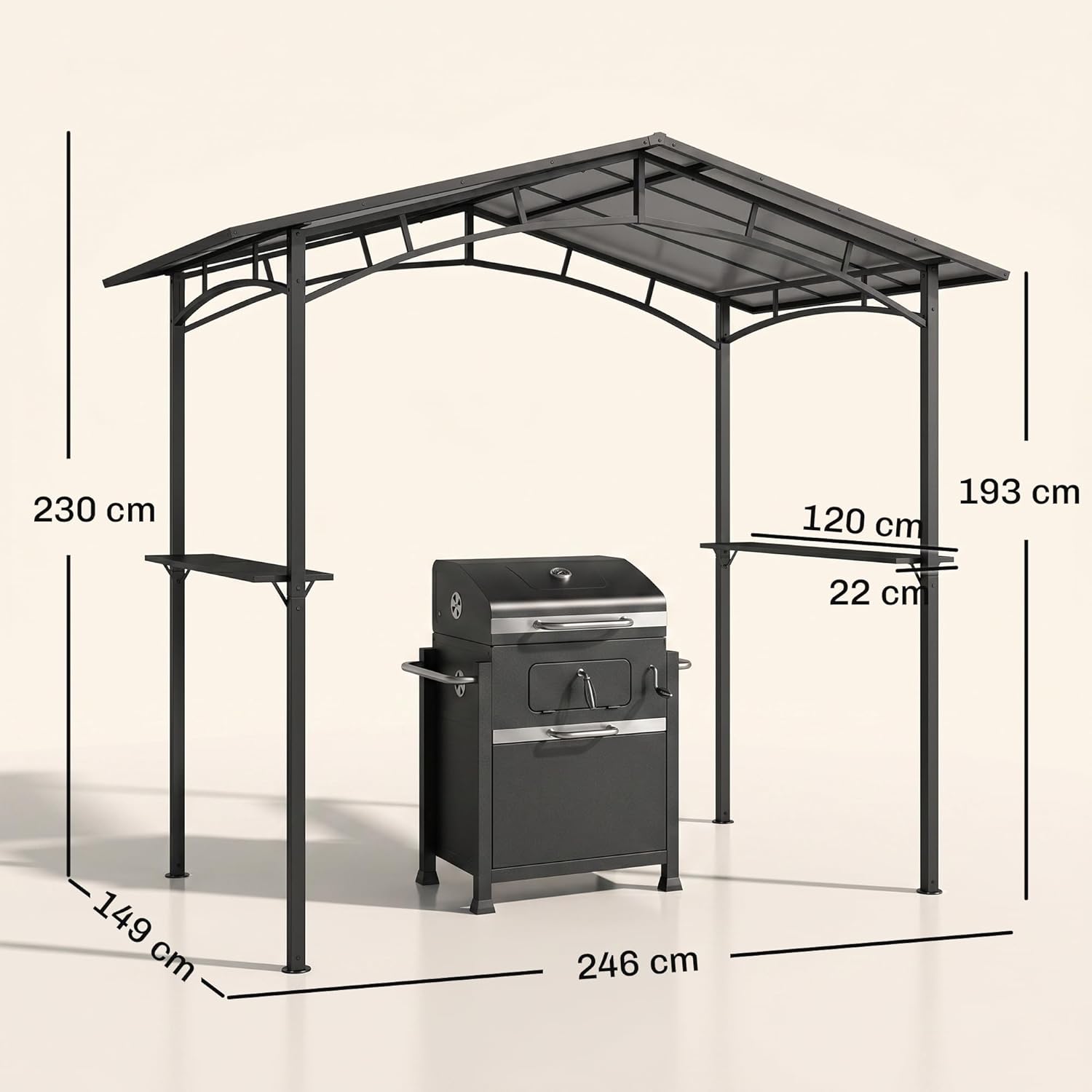 Outsunny Gartenpavillon 2,5 x 1,5 m - Grillhütte - 2 Regale - Grilldach - schwarzes Metall Polycarbonatdach — Ansicht 6