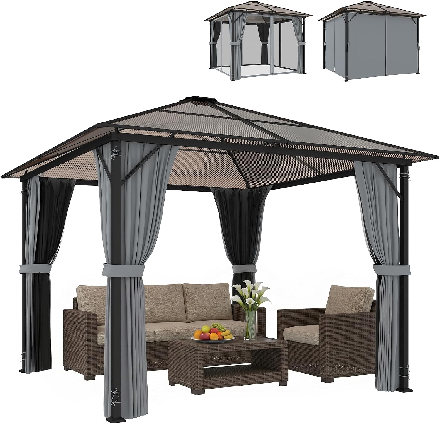 Outsunny Gartenpavillon 3 x 3 m Aluminium Wasserabweisend Stabil Winterfest Pavillon mit Hardtop 6 mm Polycarbonat-Dach 4 Seitenteile Moskitonetz,UV-Beständig, für Garten, Terrasse, Dunkelgrau