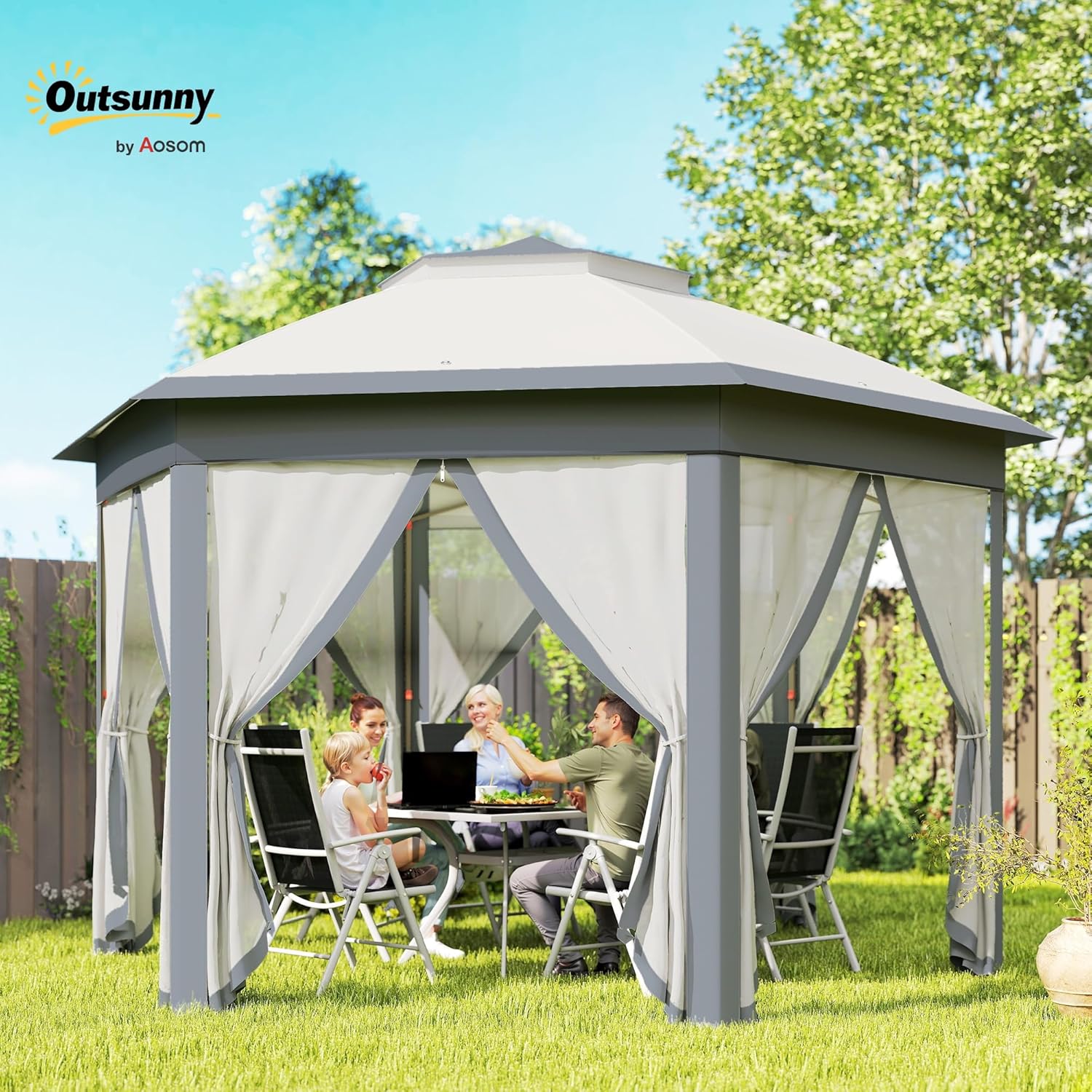 Outsunny Gartenpavillon Faltpavillon 4 x 4 m Pop-Up-Zelt Partyzelt inkl. Tragetasche 6 Seitenteile Doppeldach sechseckig Grau — Ansicht 2
