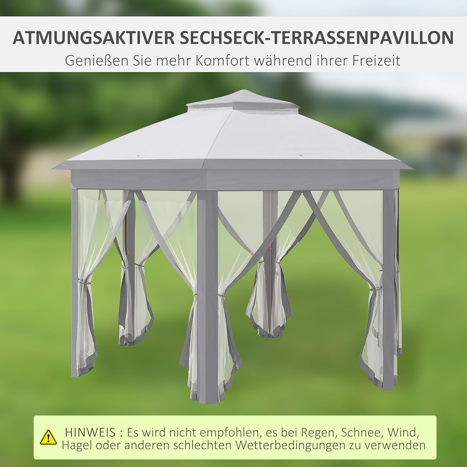 Outsunny Gartenpavillon Faltpavillon 4 x 4 m Pop-Up-Zelt Partyzelt inkl. Tragetasche 6 Seitenteile Doppeldach sechseckig Grau — Ansicht 3