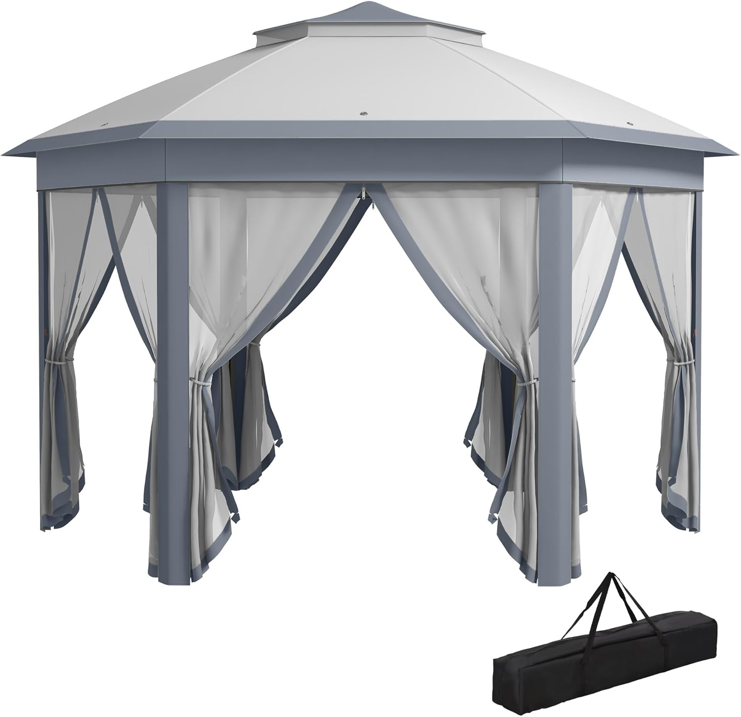 Outsunny Gartenpavillon Faltpavillon 4 x 4 m Pop-Up-Zelt Partyzelt inkl. Tragetasche 6 Seitenteile Doppeldach sechseckig Grau