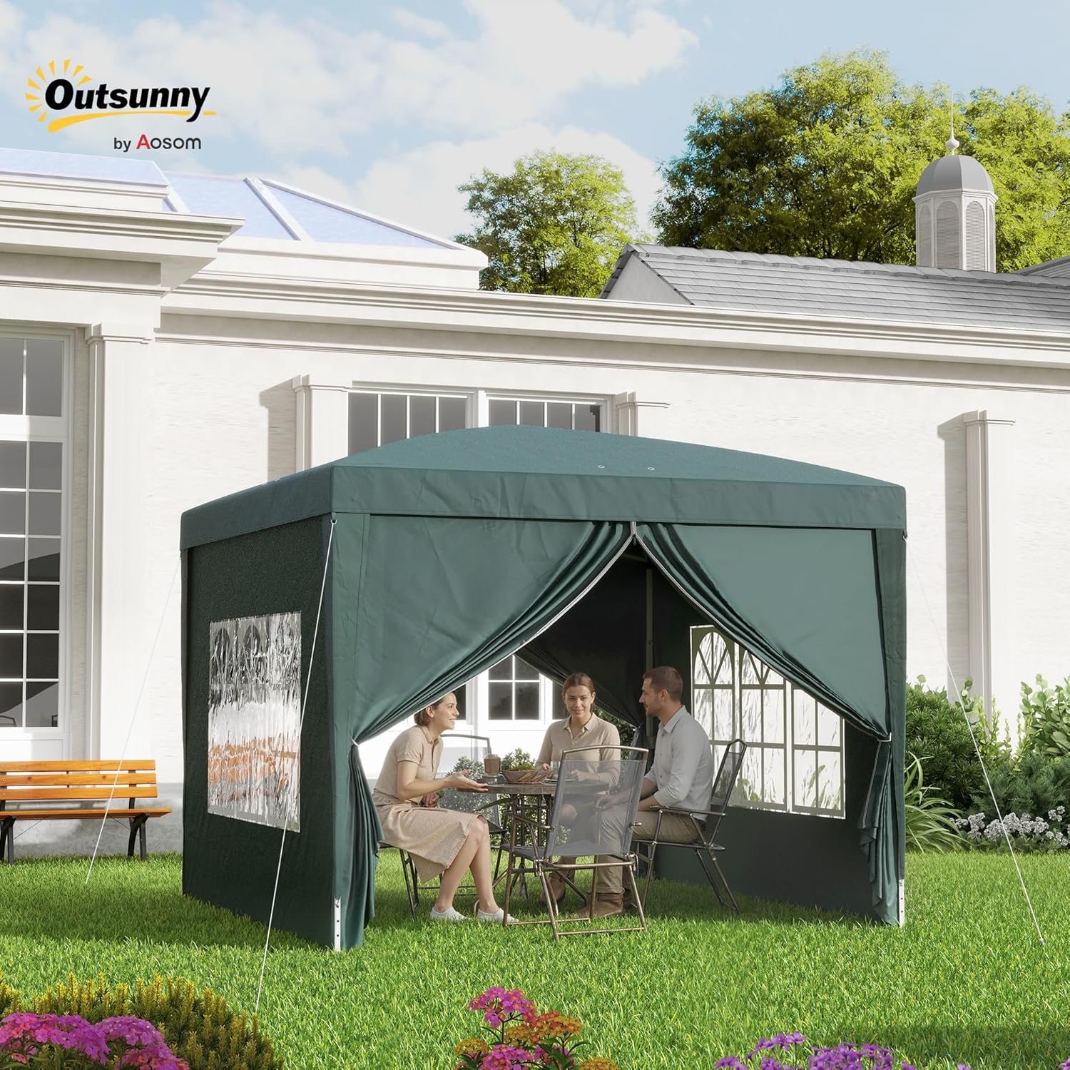 Outsunny Gartenpavillon für den Außenbereich, Pavillon, Pop-Up, faltbar, 3 x 3 m, 4 abnehmbare Wände + Transporttasche, Grün — Ansicht 2