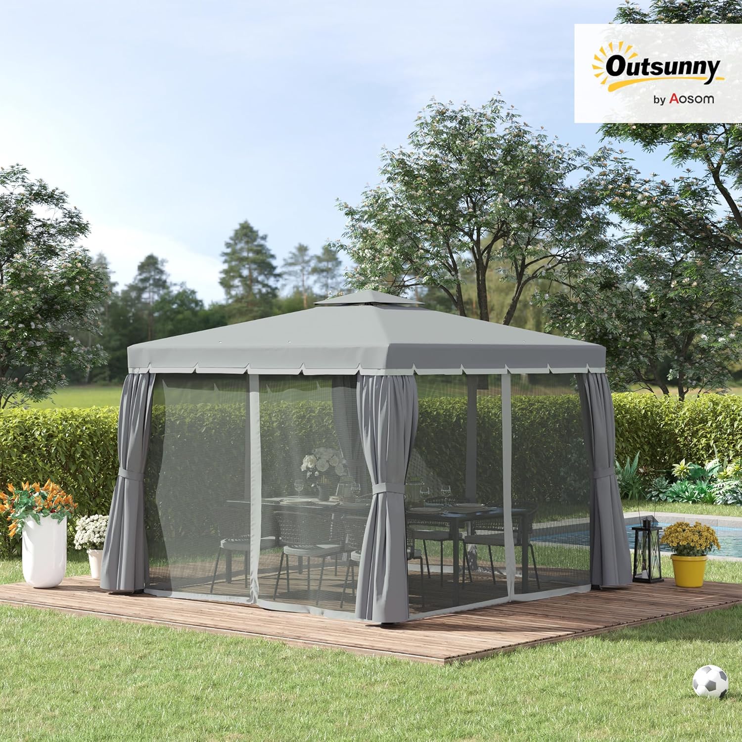 Outsunny Gartenpavillon Pavillon 2,96 x 2,96 m Gartenzelt mit Doppeldach Festzelt Partyzelt mit 4 x Seitenteile Moskitonetz wetterfest Aluminium Polyester Dunkelgrau — Ansicht 2