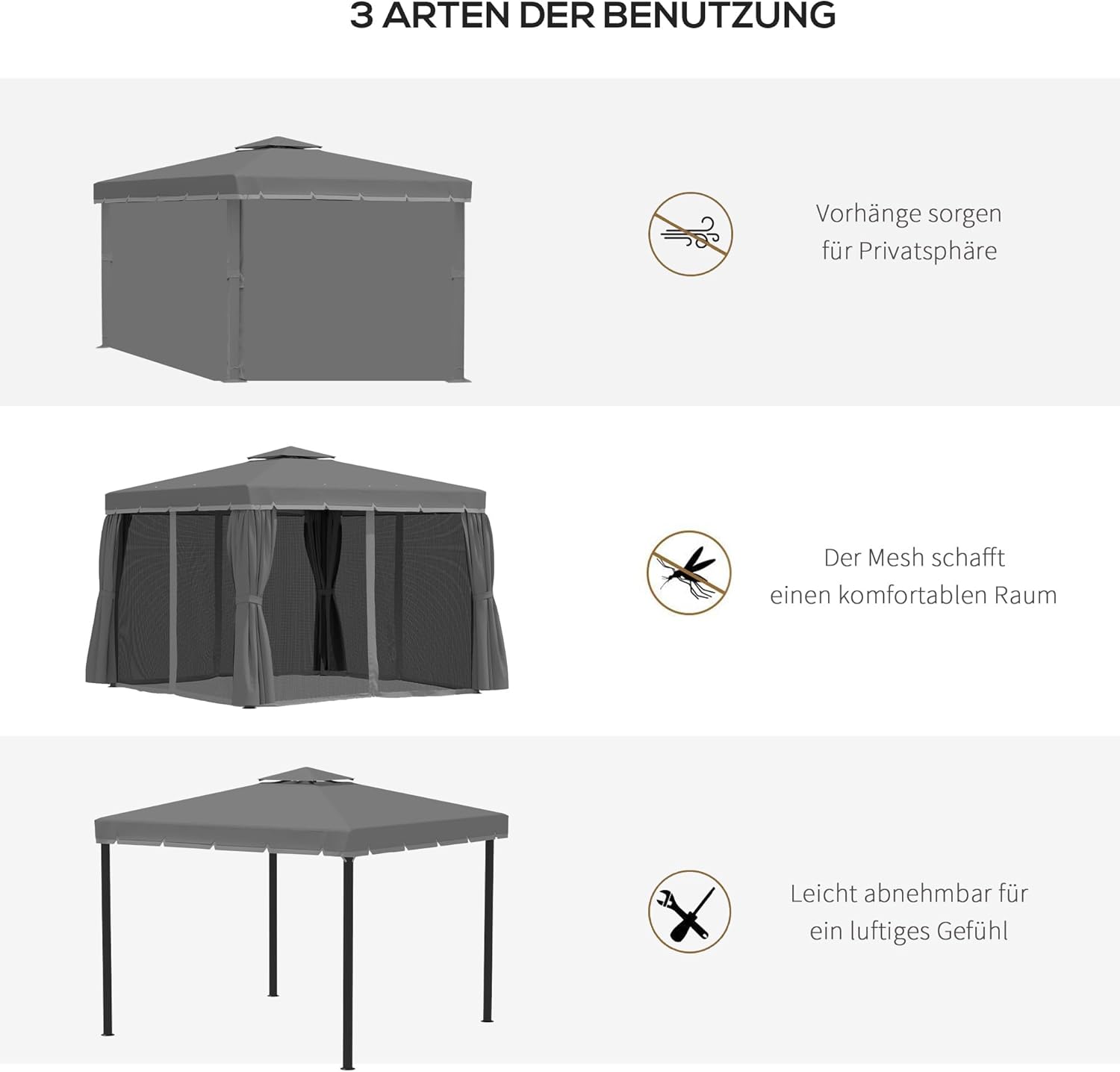Outsunny Gartenpavillon Pavillon 2,96 x 2,96 m Gartenzelt mit Doppeldach Festzelt Partyzelt mit 4 x Seitenteile Moskitonetz wetterfest Aluminium Polyester Dunkelgrau — Ansicht 5