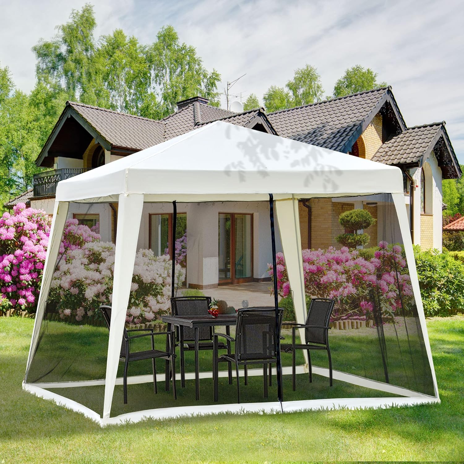 Outsunny Gartenpavillon Pavillon Festzelt Partyzelt wetterfest Zelt mit Moskitonetz Metall + Polyester Cremeweiß 3 x 3 m — Ansicht 2