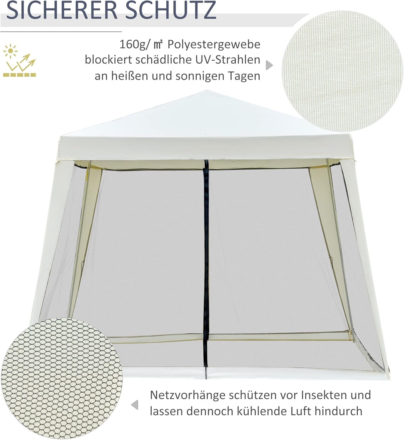 Outsunny Gartenpavillon Pavillon Festzelt Partyzelt wetterfest Zelt mit Moskitonetz Metall + Polyester Cremeweiß 3 x 3 m — Ansicht 3