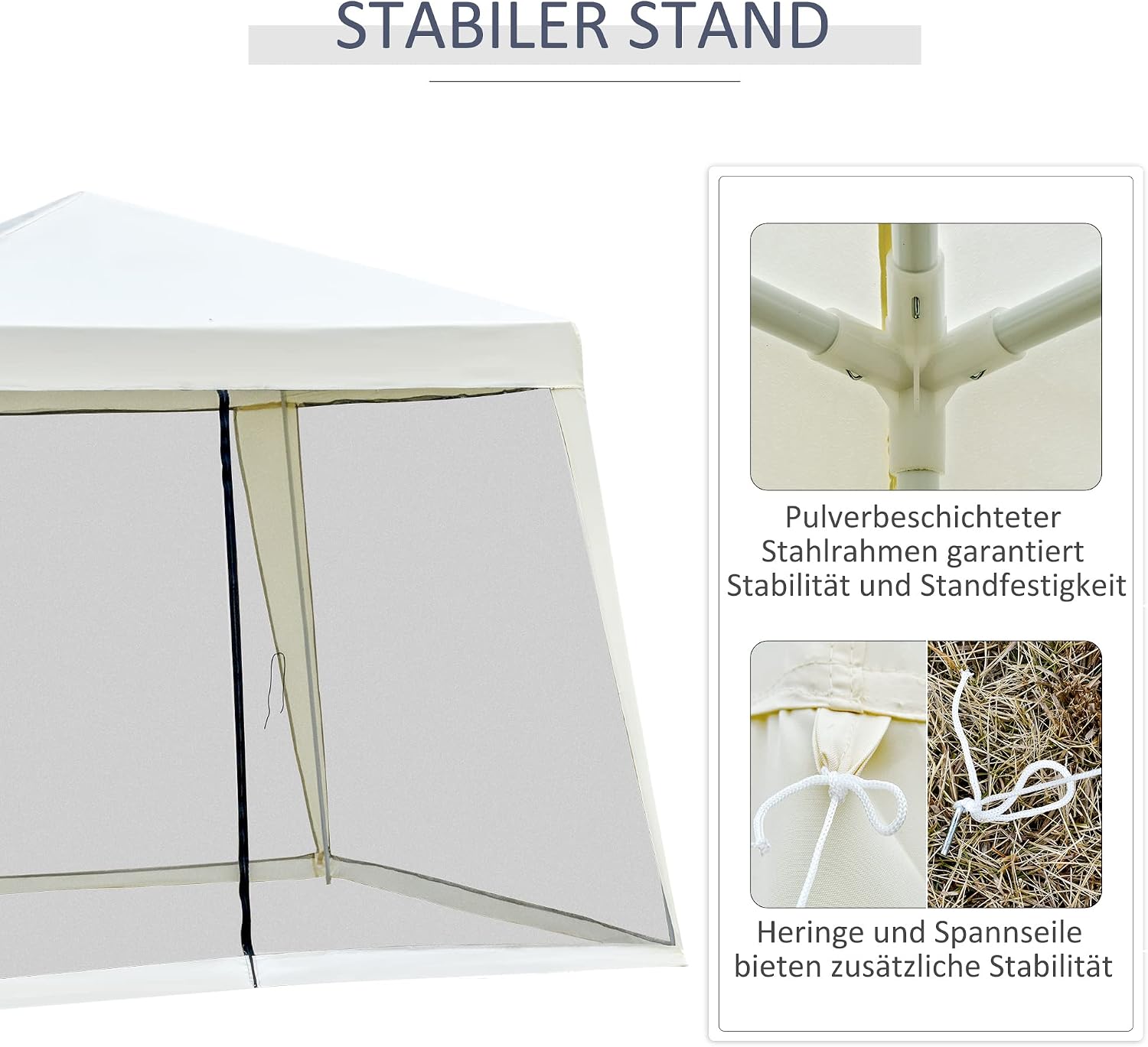 Outsunny Gartenpavillon Pavillon Festzelt Partyzelt wetterfest Zelt mit Moskitonetz Metall + Polyester Cremeweiß 3 x 3 m — Ansicht 4