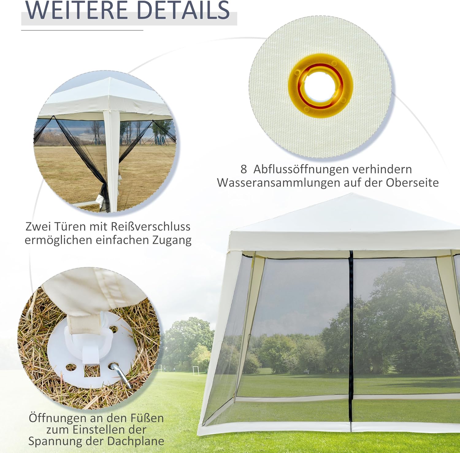 Outsunny Gartenpavillon Pavillon Festzelt Partyzelt wetterfest Zelt mit Moskitonetz Metall + Polyester Cremeweiß 3 x 3 m — Ansicht 5