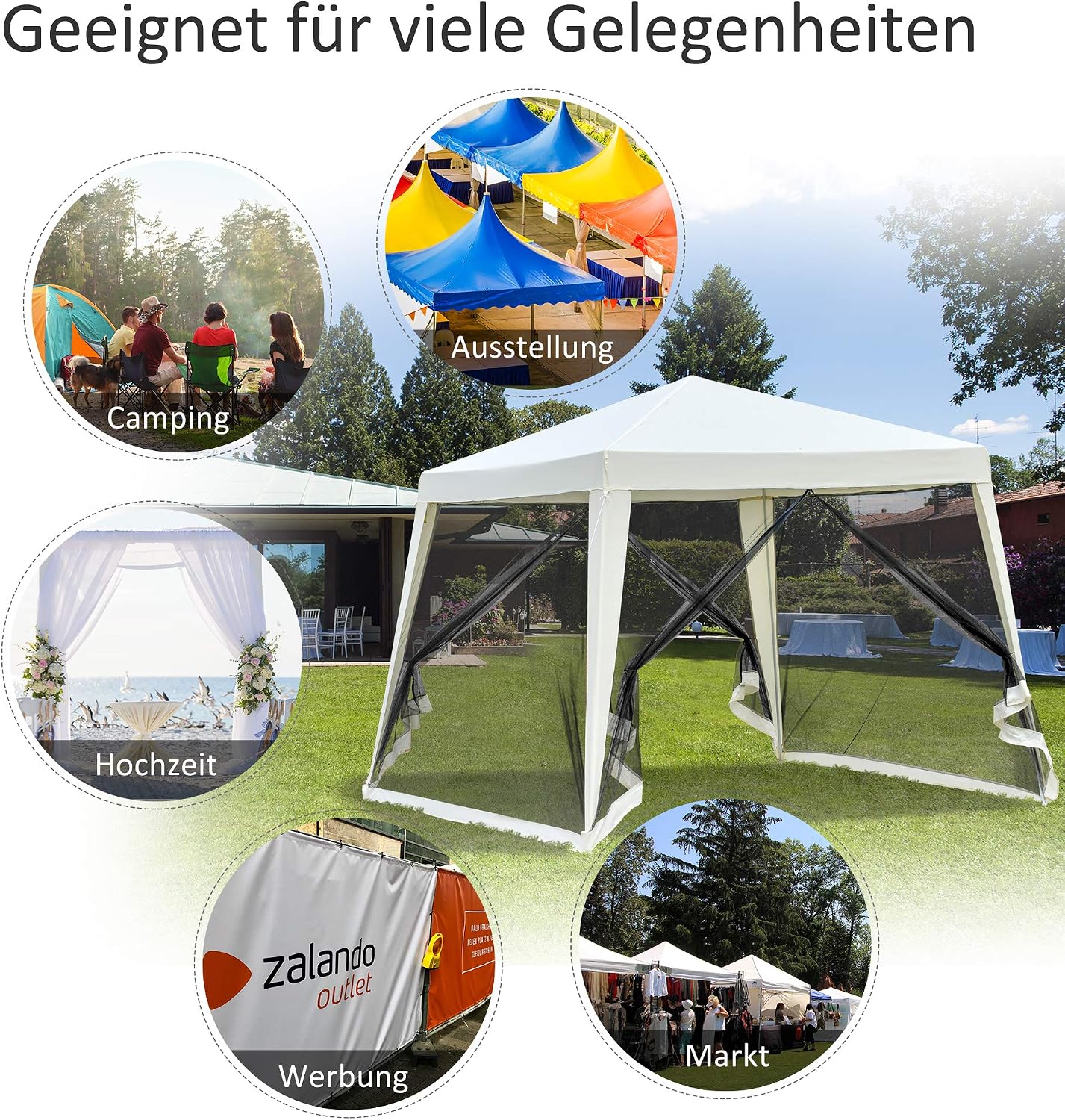 Outsunny Gartenpavillon Pavillon Festzelt Partyzelt wetterfest Zelt mit Moskitonetz Metall + Polyester Cremeweiß 3 x 3 m — Ansicht 6