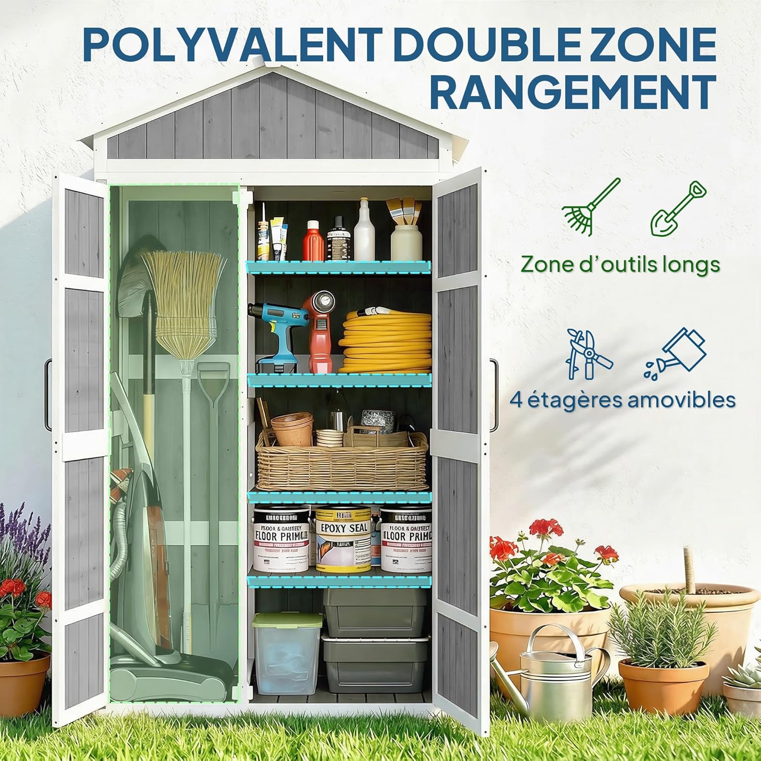 Outsunny Gartenschrank aus Holz – Gartenhaus für den Außenbereich, wasserdicht, mit Metalldach – Aufbewahrungsmöbel für Terrasse mit Doppeltür für Gartengeräte, 105 x 55 x 179 cm, Weiß und Grau — Ansicht 3