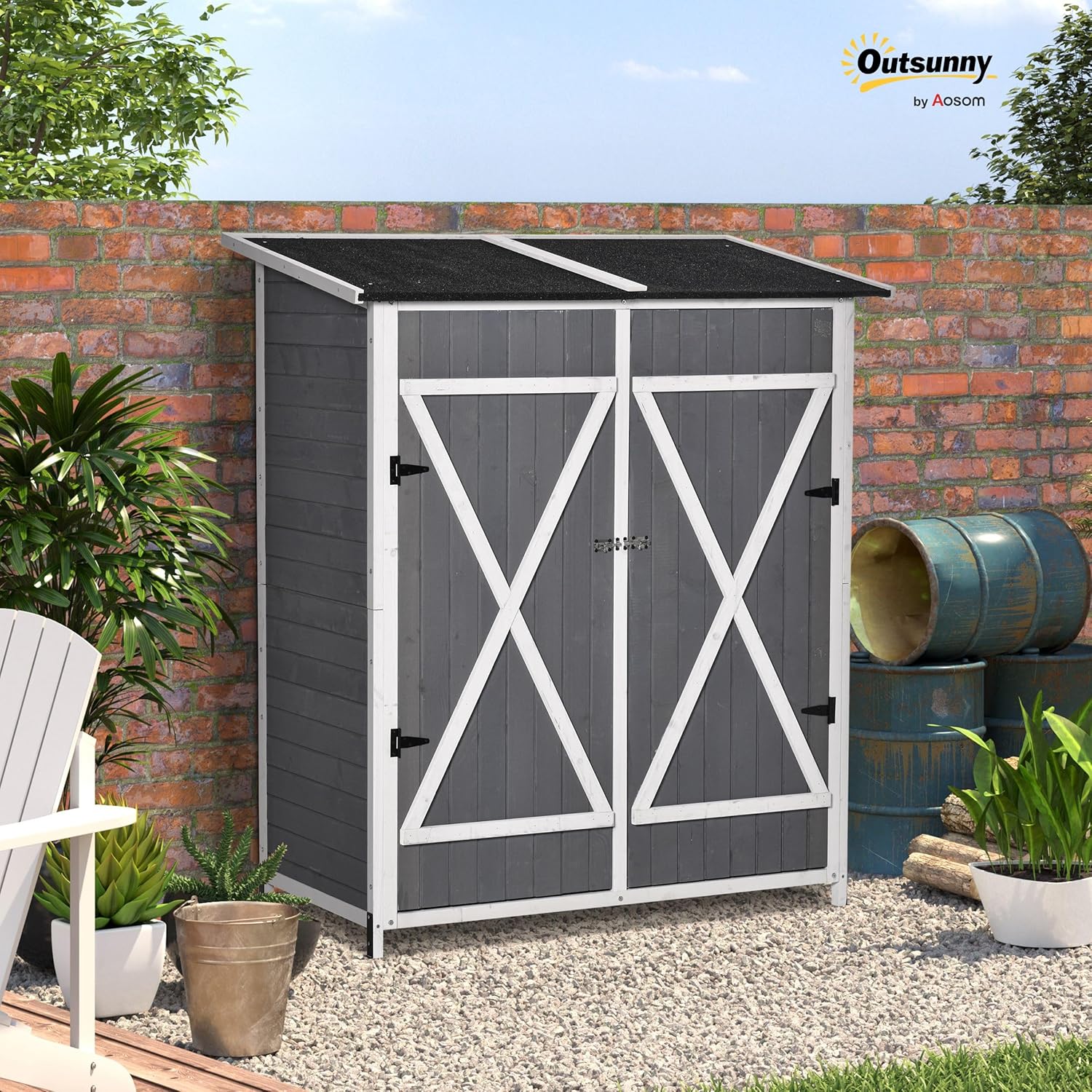 Outsunny Gartenschrank Geräteschuppen mit 2 Tür Geräteschrank mit Asphaltdach Gartenlagerschrank Antidumping Design mit Bodennägel Tannenholz Grau+Weiß 139 x 75 x 160 cm — Ansicht 2
