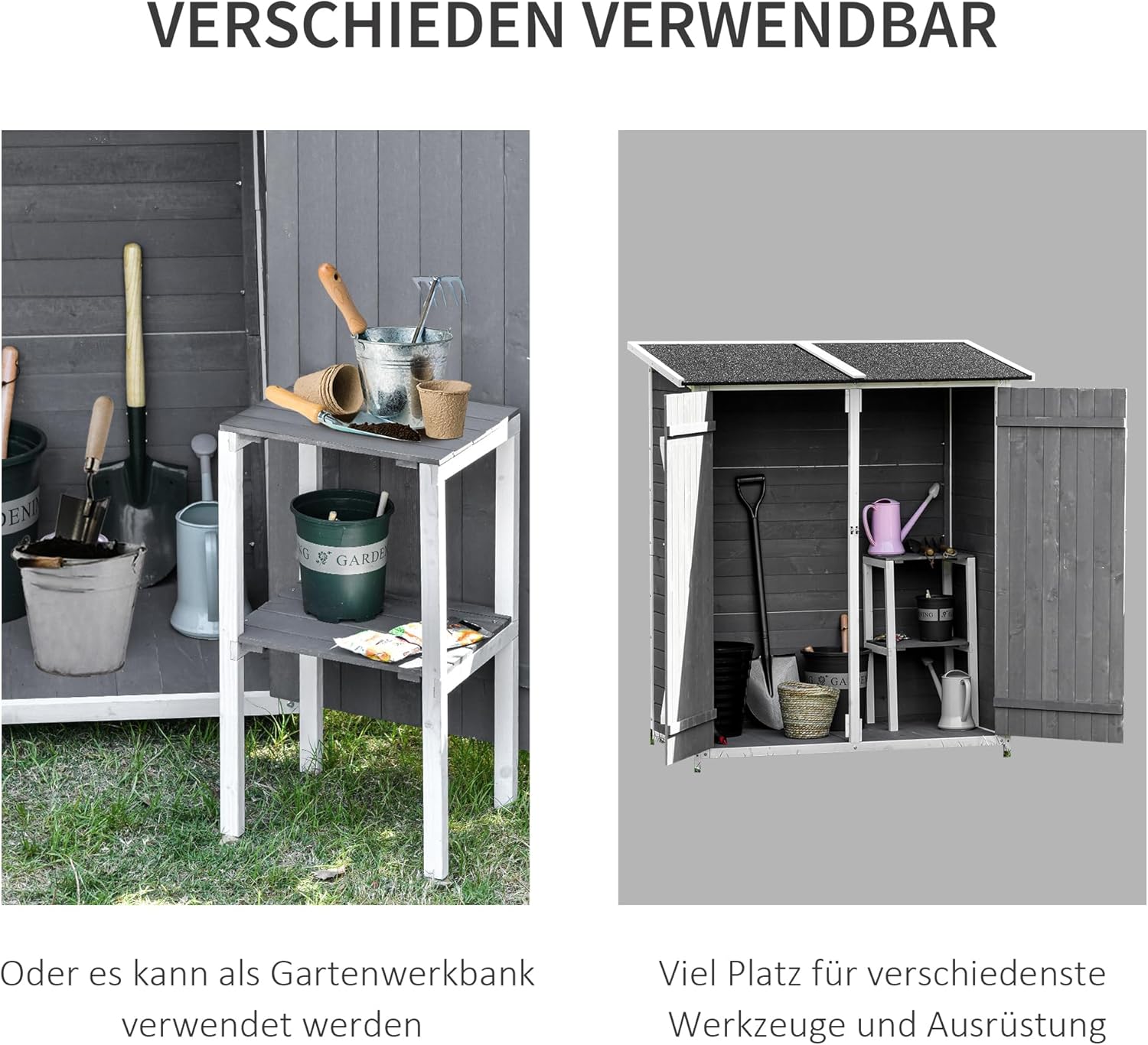 Outsunny Gartenschrank Geräteschuppen mit 2 Tür Geräteschrank mit Asphaltdach Gartenlagerschrank Antidumping Design mit Bodennägel Tannenholz Grau+Weiß 139 x 75 x 160 cm — Ansicht 5