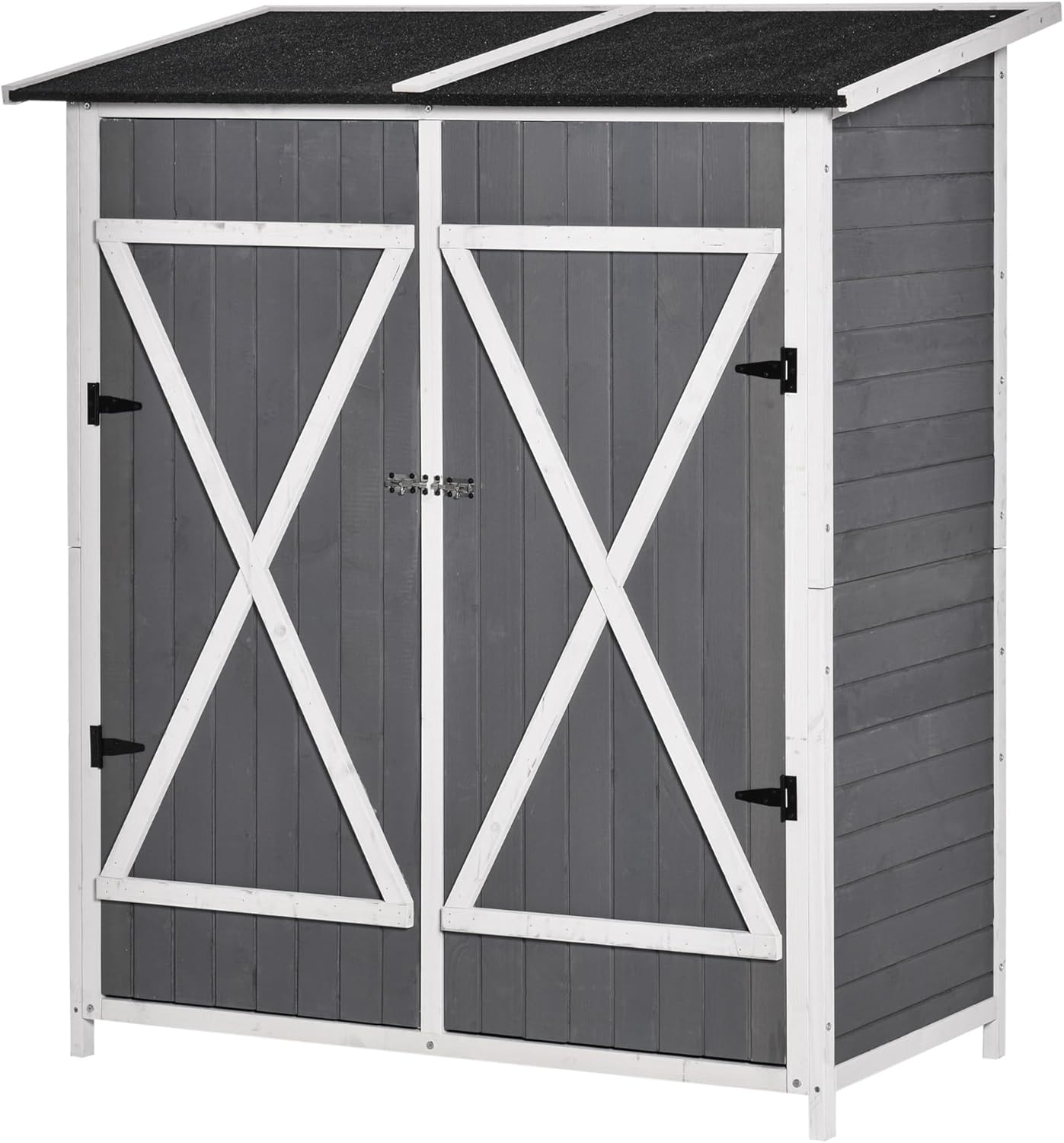 Outsunny Gartenschrank Geräteschuppen mit 2 Tür Geräteschrank mit Asphaltdach Gartenlagerschrank Antidumping Design mit Bodennägel Tannenholz Grau+Weiß 139 x 75 x 160 cm