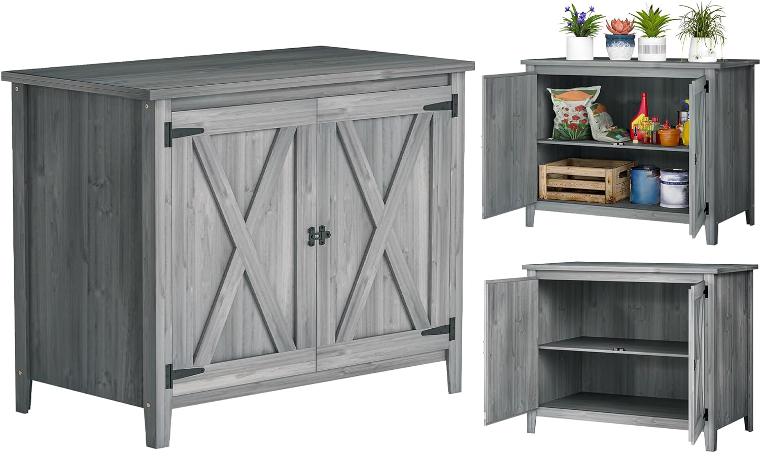 Outsunny Gartenschrank Holz, 110x60x88,5cm Gerätehaus, Geräteschrank mit Ablagen, Doppeltüren, Geräteschuppen, Werkzeugschrank Gartenschuppen Gartenhaus für Hinterhof Terrasse, Hellgrau
