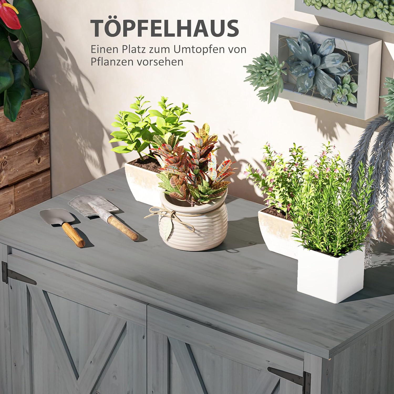 Outsunny Gartenschrank Holz, 110x60x88,5cm Gerätehaus, Geräteschrank mit Ablagen, Doppeltüren, Geräteschuppen, Werkzeugschrank Gartenschuppen Gartenhaus für Hinterhof Terrasse, Hellgrau — Ansicht 4