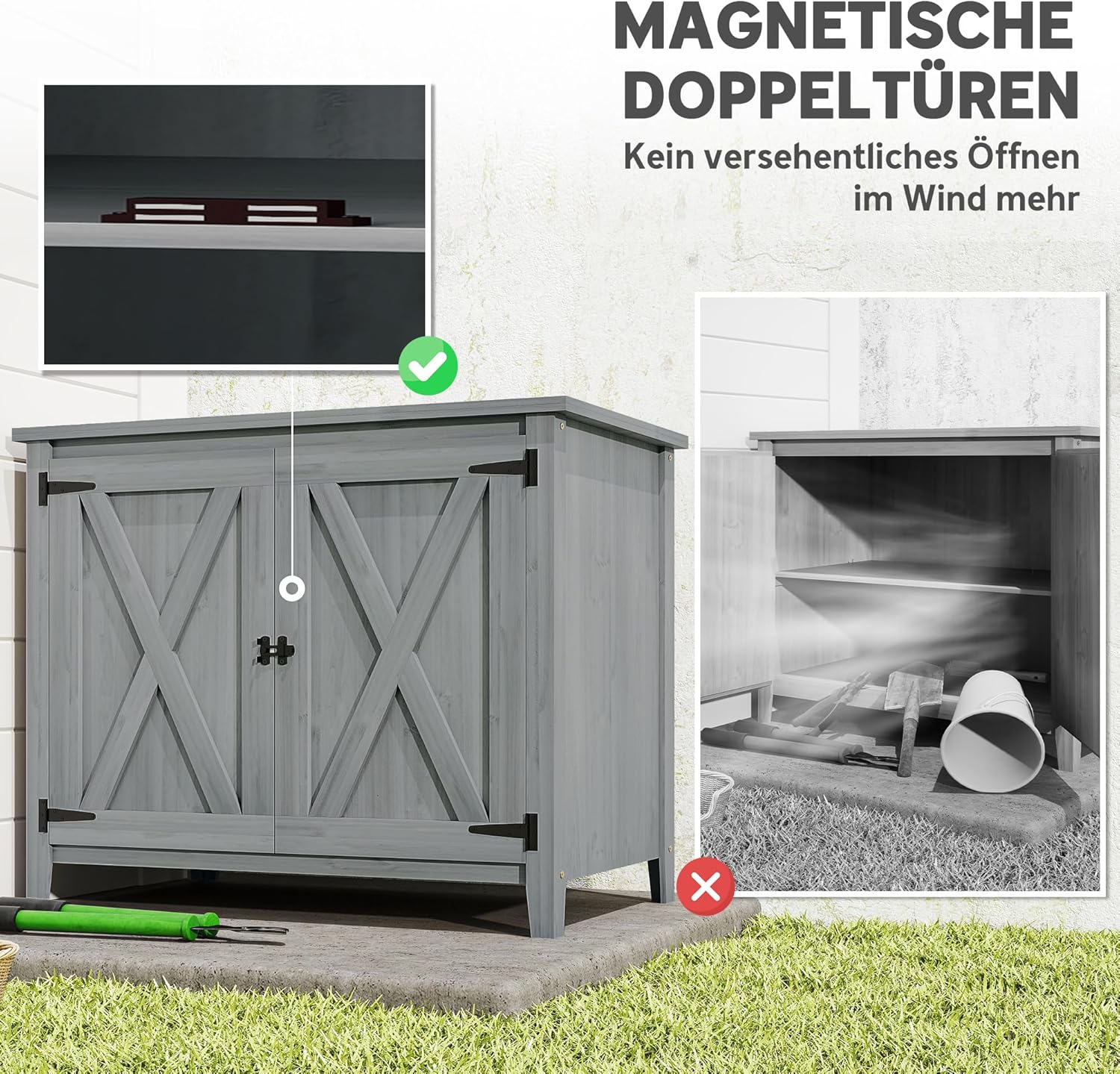 Outsunny Gartenschrank Holz, 110x60x88,5cm Gerätehaus, Geräteschrank mit Ablagen, Doppeltüren, Geräteschuppen, Werkzeugschrank Gartenschuppen Gartenhaus für Hinterhof Terrasse, Hellgrau — Ansicht 5